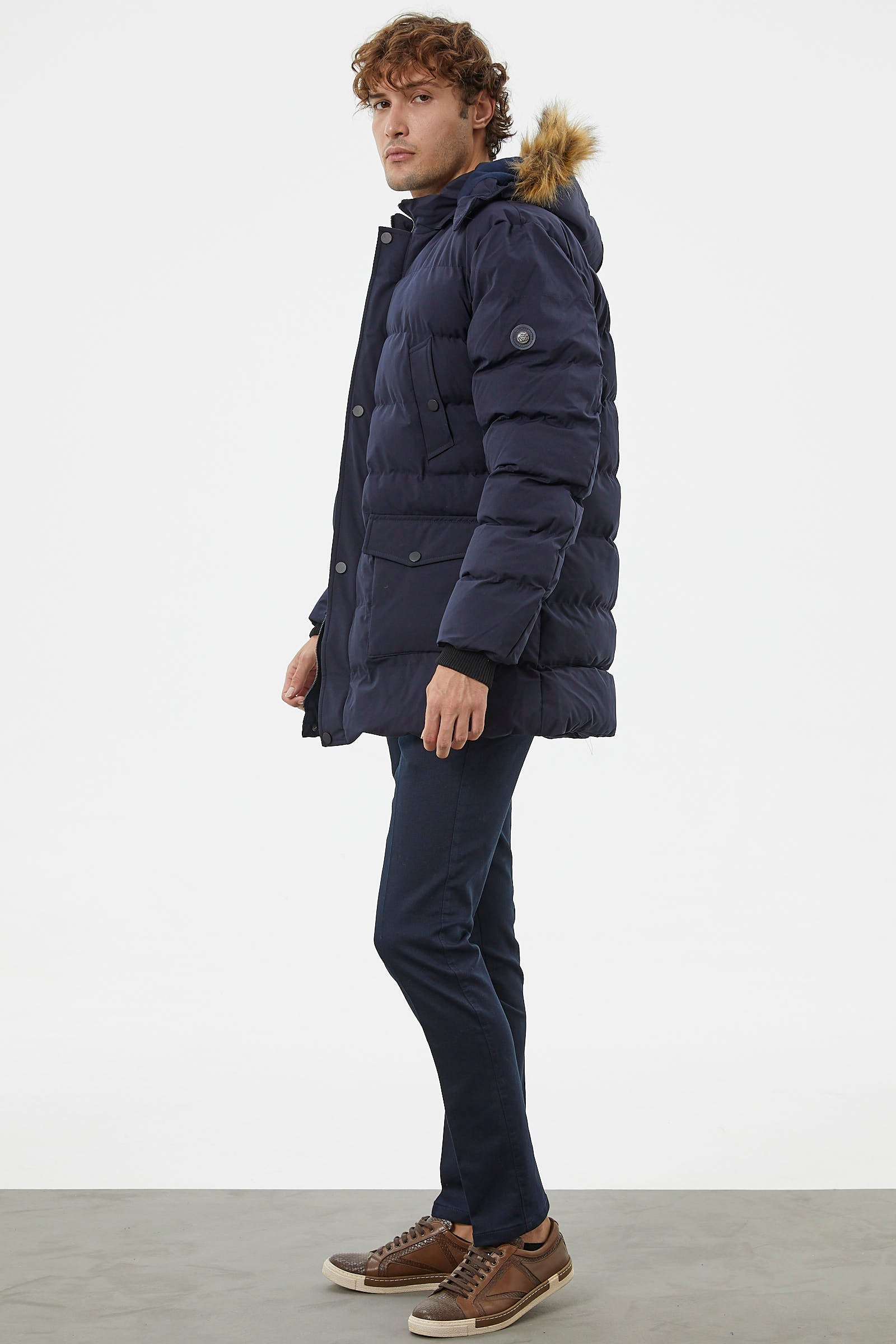 Suni Kürk Kapüşonlu Fermuarlı Mont - Lacivert (6) Sementa