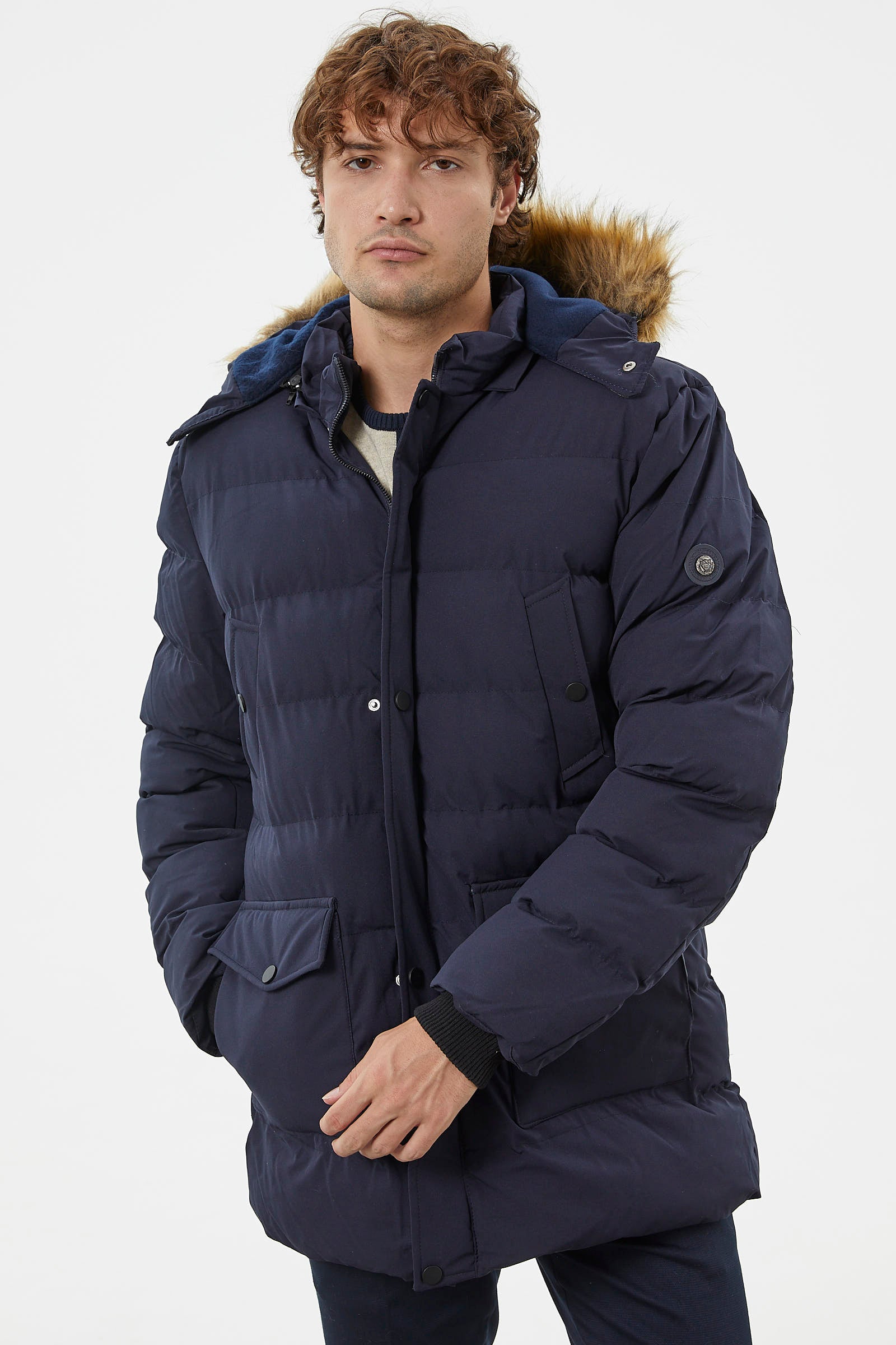 Suni Kürk Kapüşonlu Fermuarlı Mont - Lacivert (3) Sementa