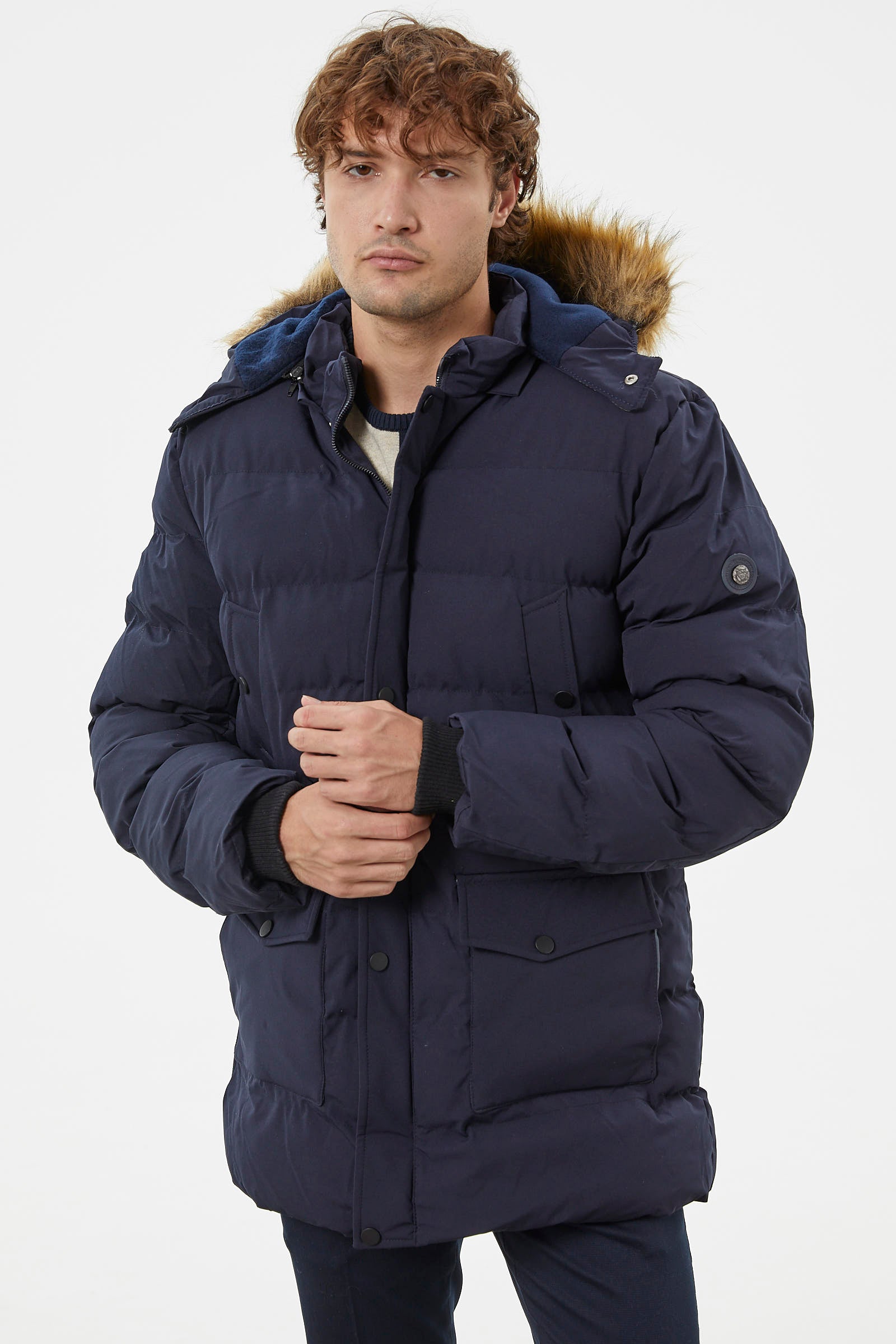 Suni Kürk Kapüşonlu Fermuarlı Mont - Lacivert (4) Sementa