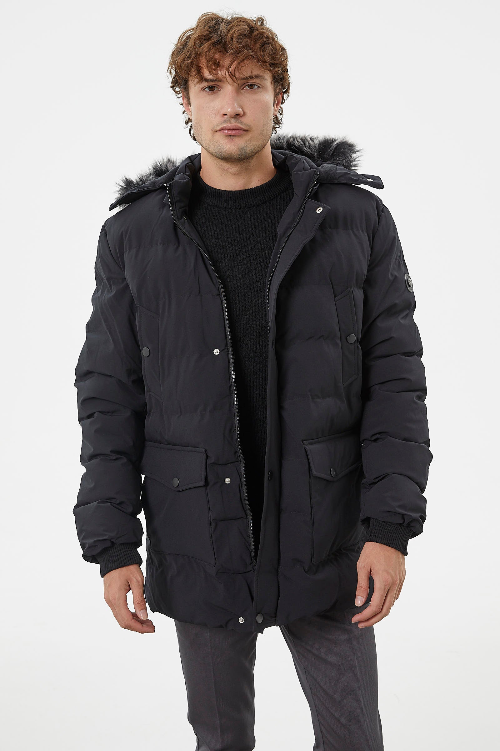 Suni Kürk Kapüşonlu Fermuarlı Mont - Siyah (3) Sementa