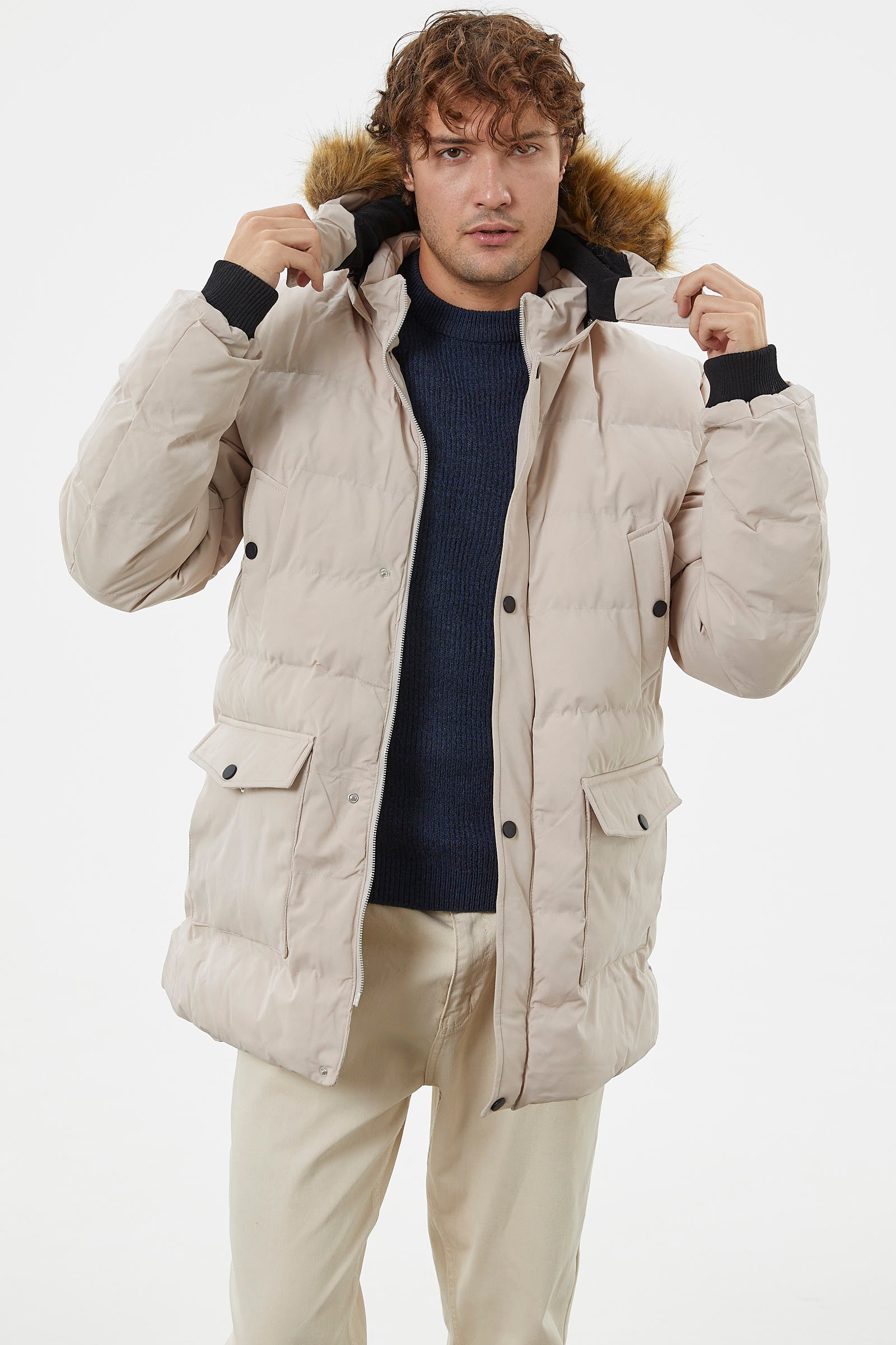 Suni Kürk Kapüşonlu Fermuarlı Mont - Taş (2) Sementa