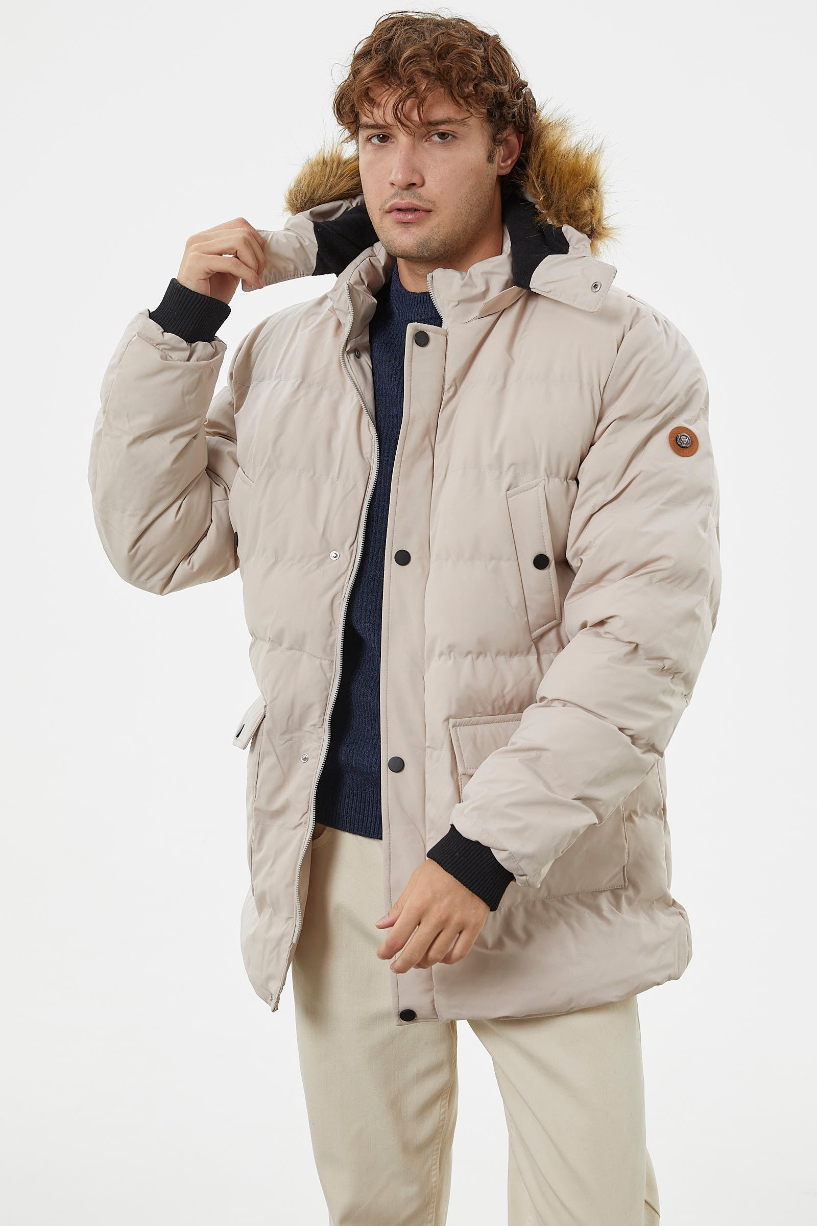 Suni Kürk Kapüşonlu Fermuarlı Mont - Taş (3) Sementa