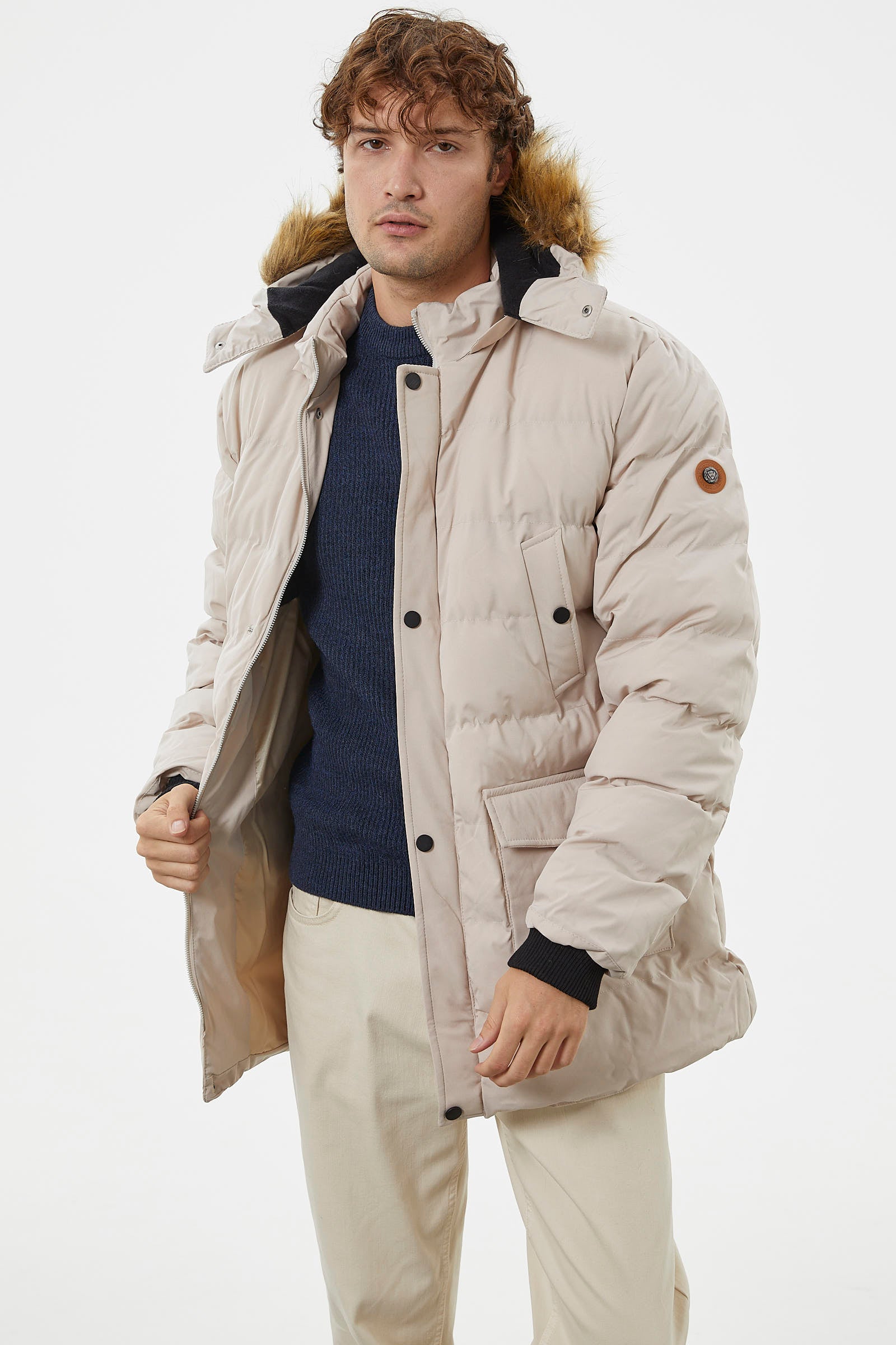 Suni Kürk Kapüşonlu Fermuarlı Mont - Taş (4) Sementa