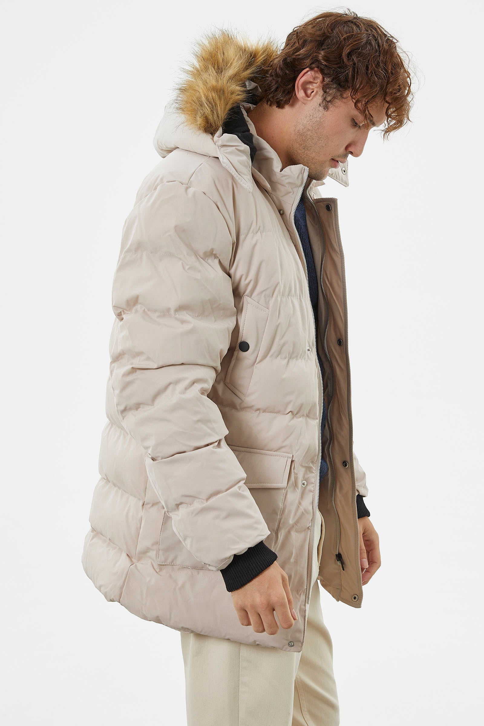 Suni Kürk Kapüşonlu Fermuarlı Mont - Taş (5) Sementa