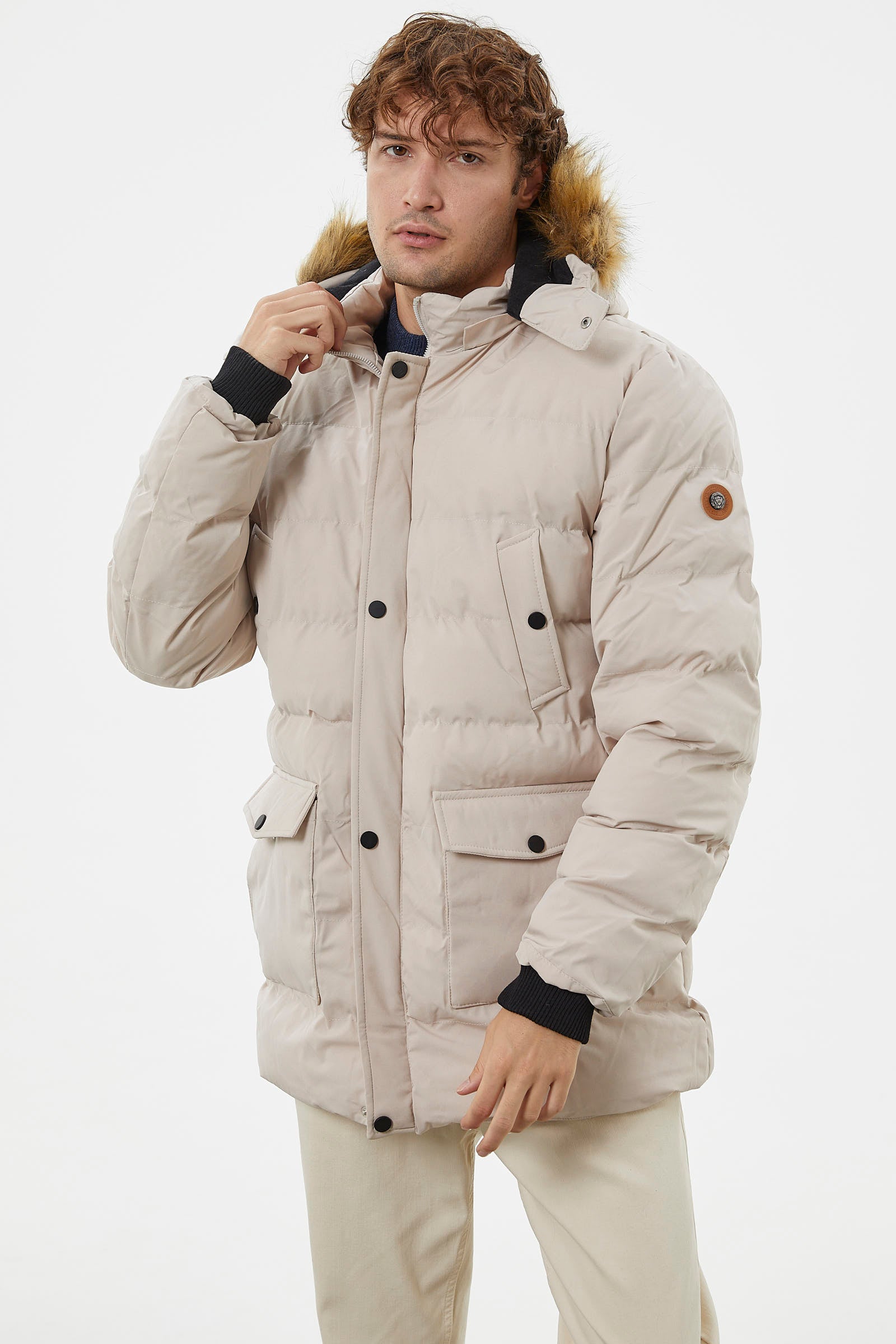 Suni Kürk Kapüşonlu Fermuarlı Mont - Taş (6) Sementa