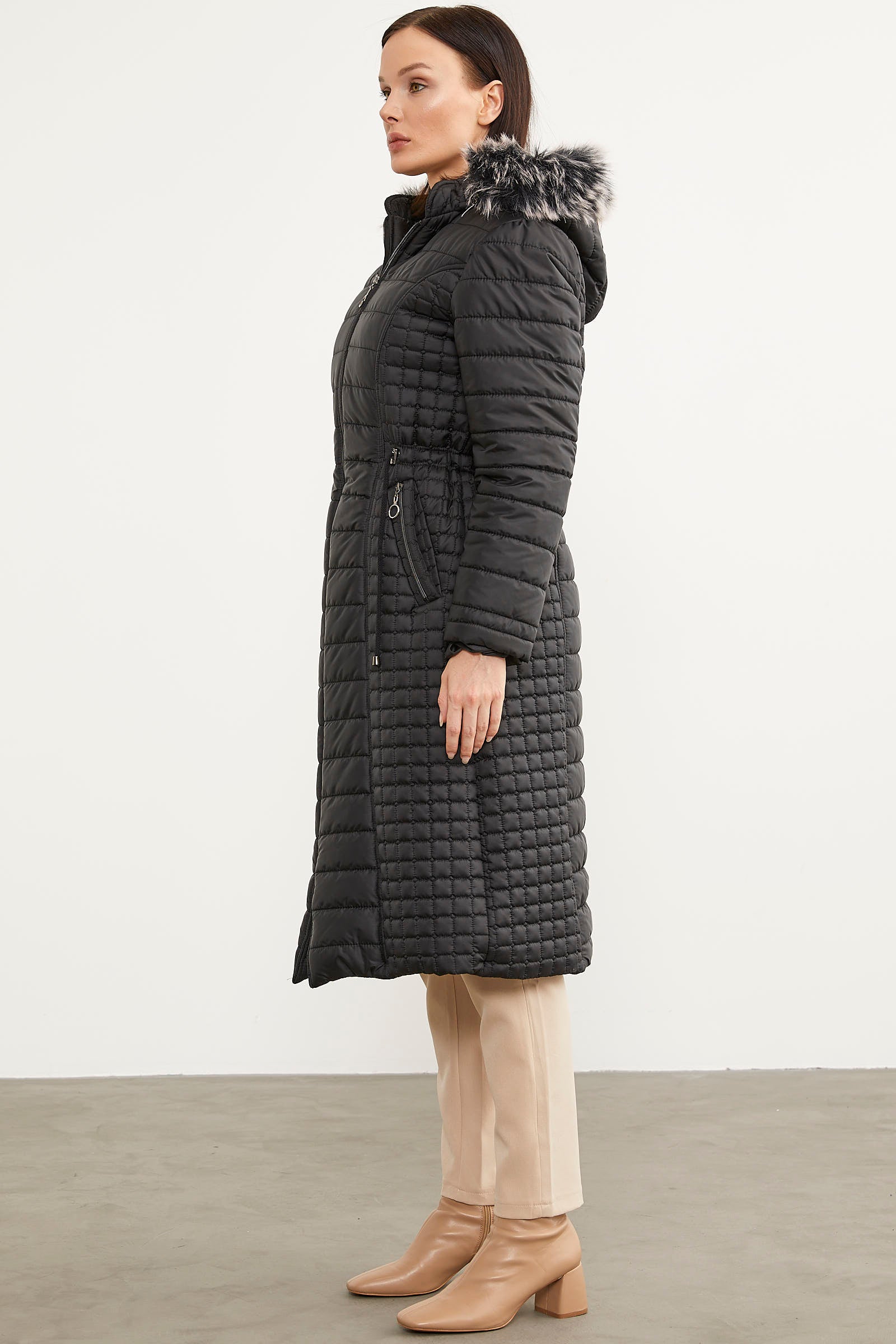 Suni Kürk Kapüşonlu Fermuarlı Uzun Kaban - Siyah (6) Sementa