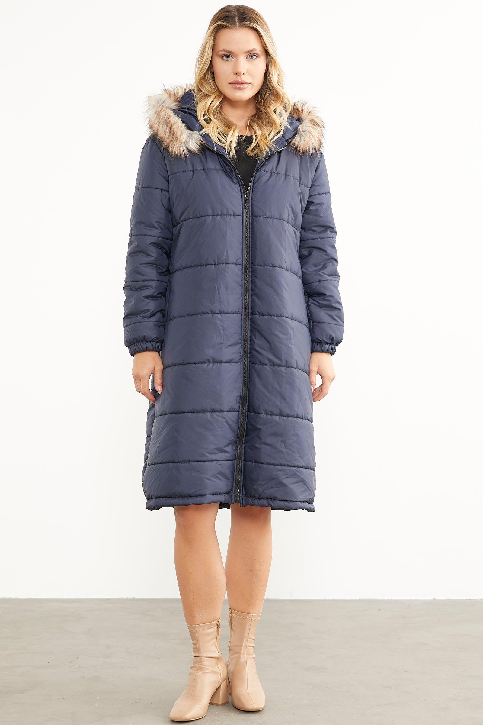 Suni Kürk Kapüşonlu Uzun Kaban - Lacivert (3) Sementa