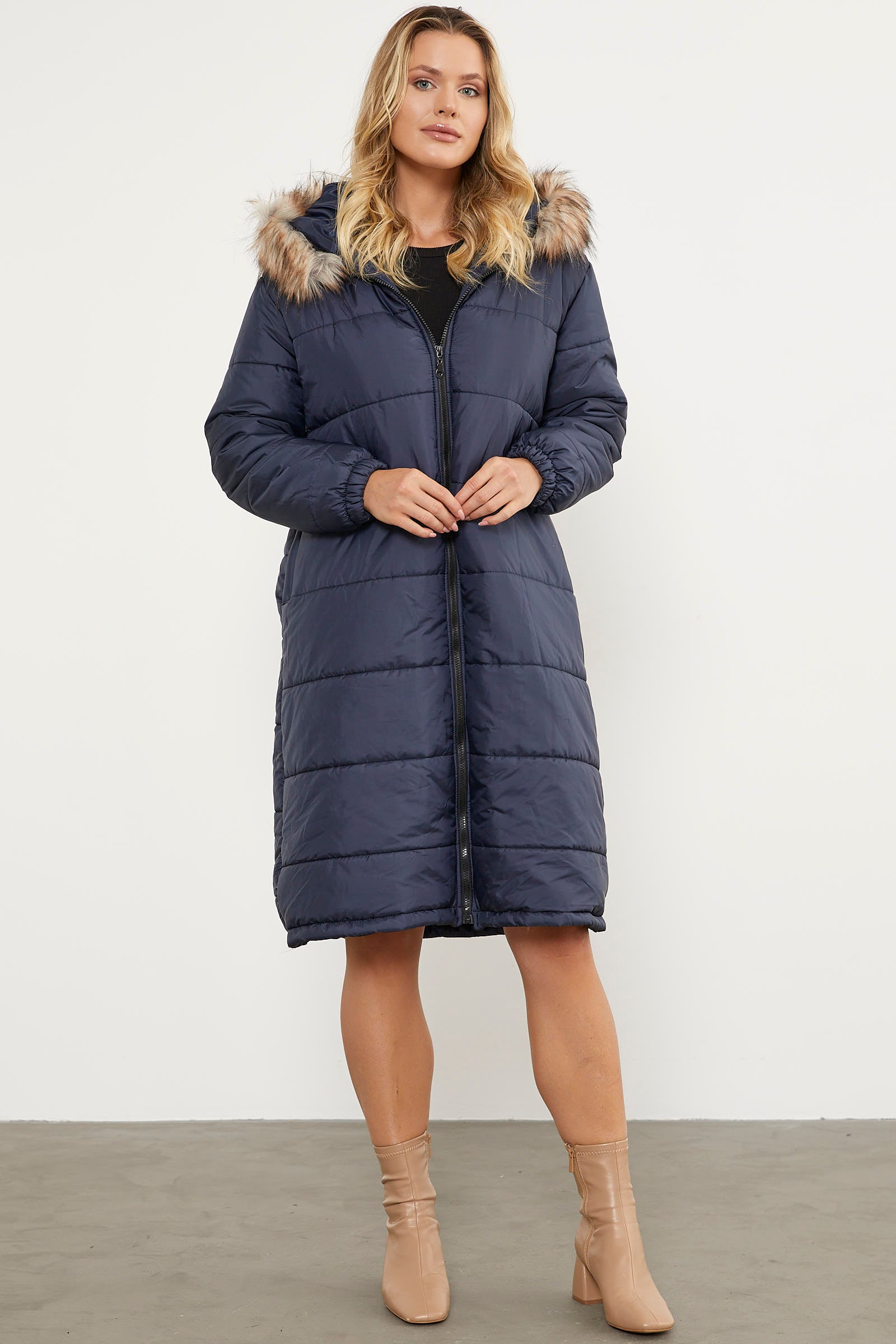 Suni Kürk Kapüşonlu Uzun Kaban - Lacivert (2) Sementa