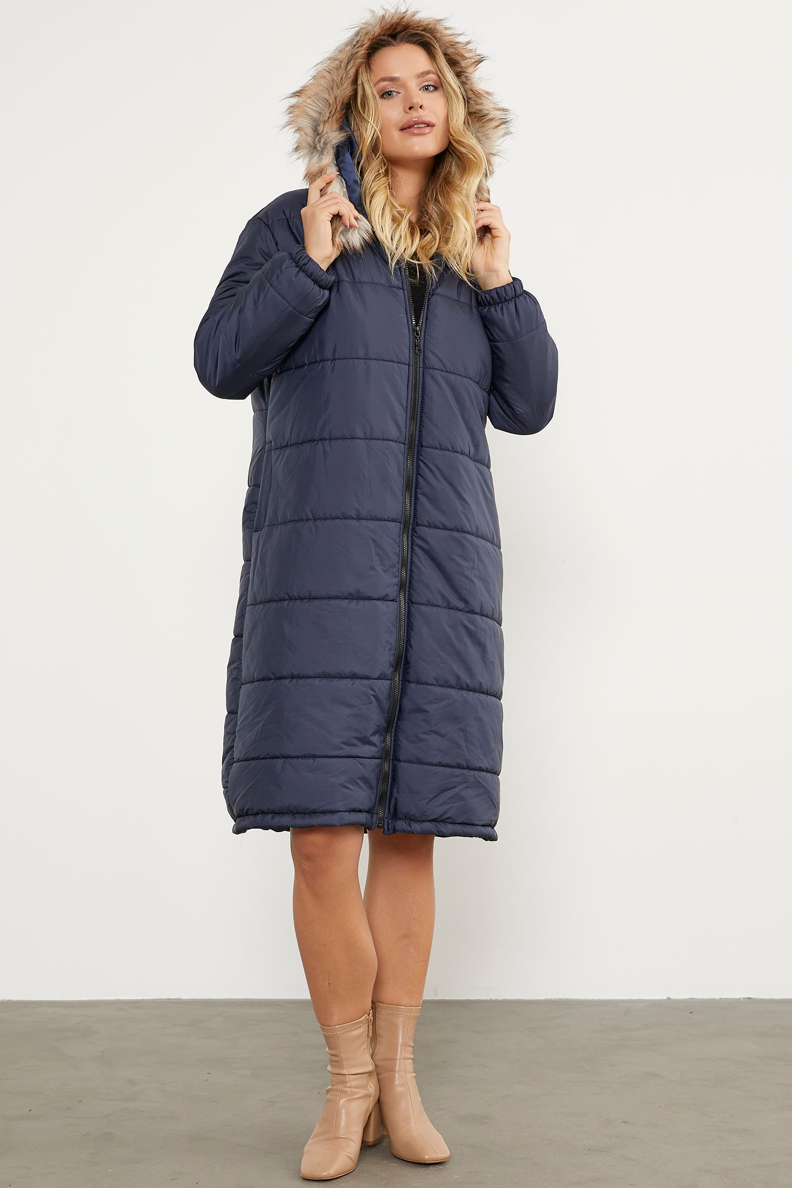 Suni Kürk Kapüşonlu Uzun Kaban - Lacivert (4) Sementa