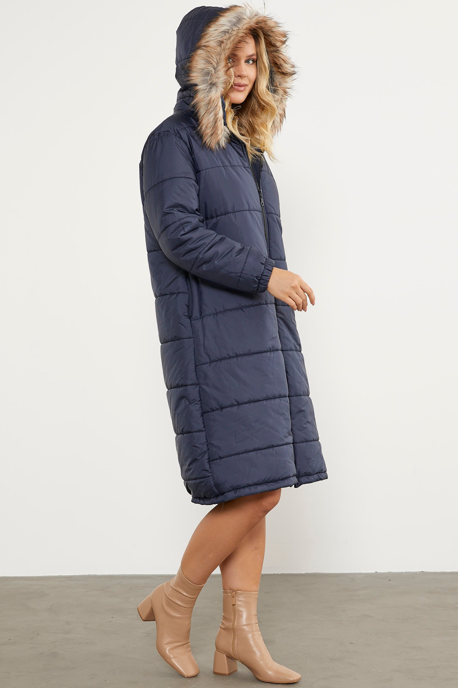 Suni Kürk Kapüşonlu Uzun Kaban - Lacivert (5) Sementa