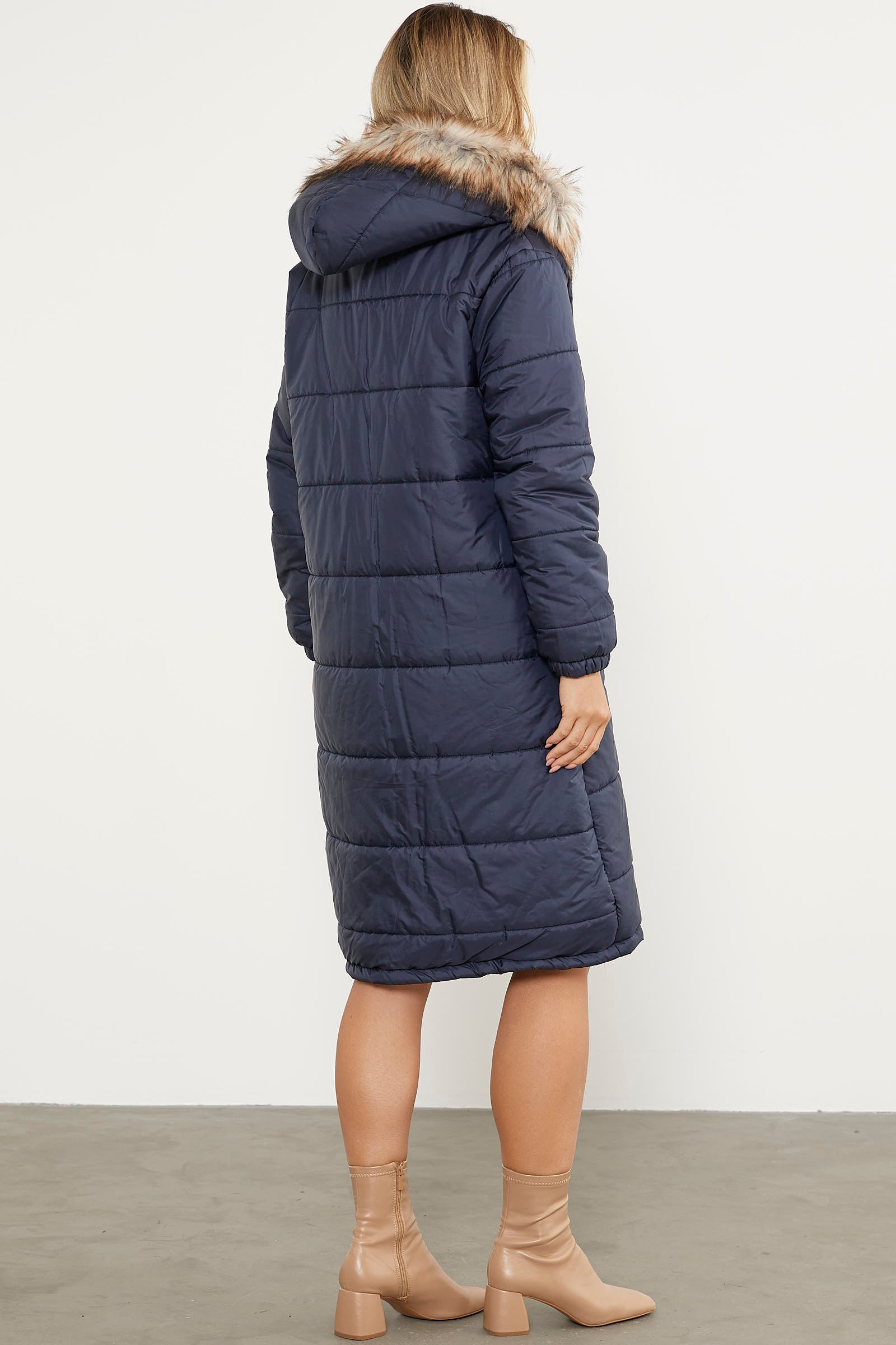 Suni Kürk Kapüşonlu Uzun Kaban - Lacivert (6) Sementa