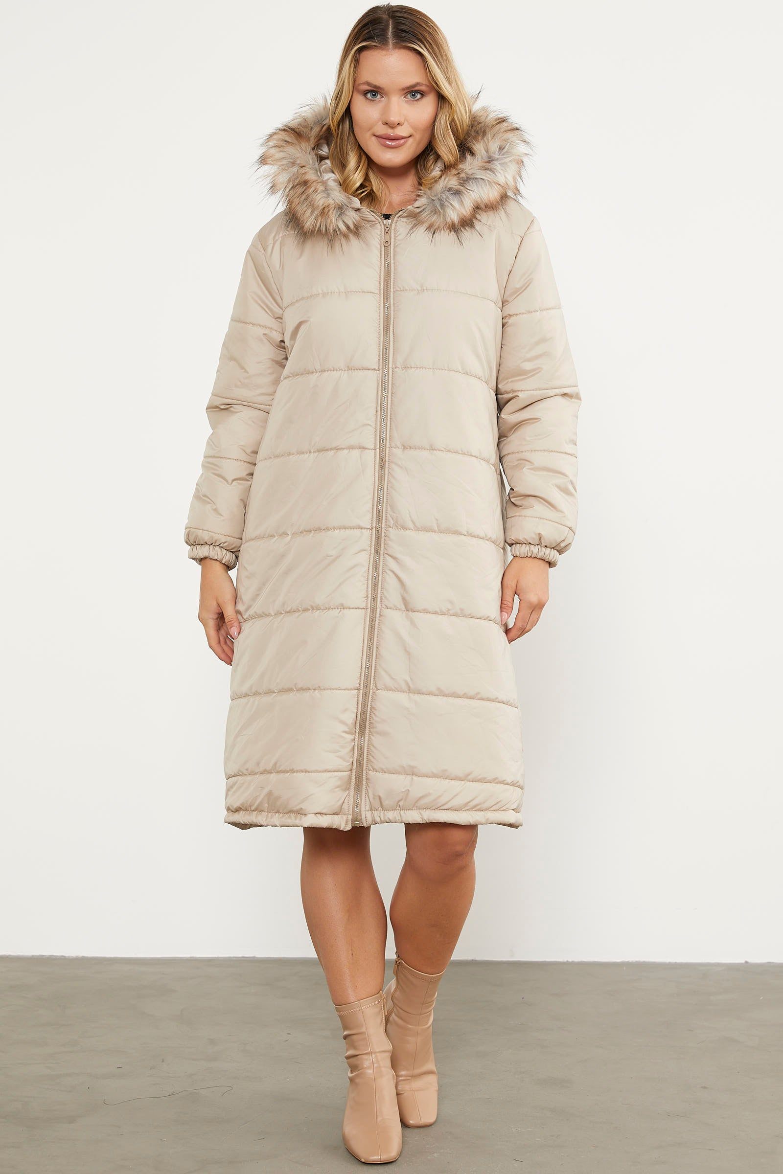 Suni Kürk Kapüşonlu Uzun Kaban - Taş (1) Sementa