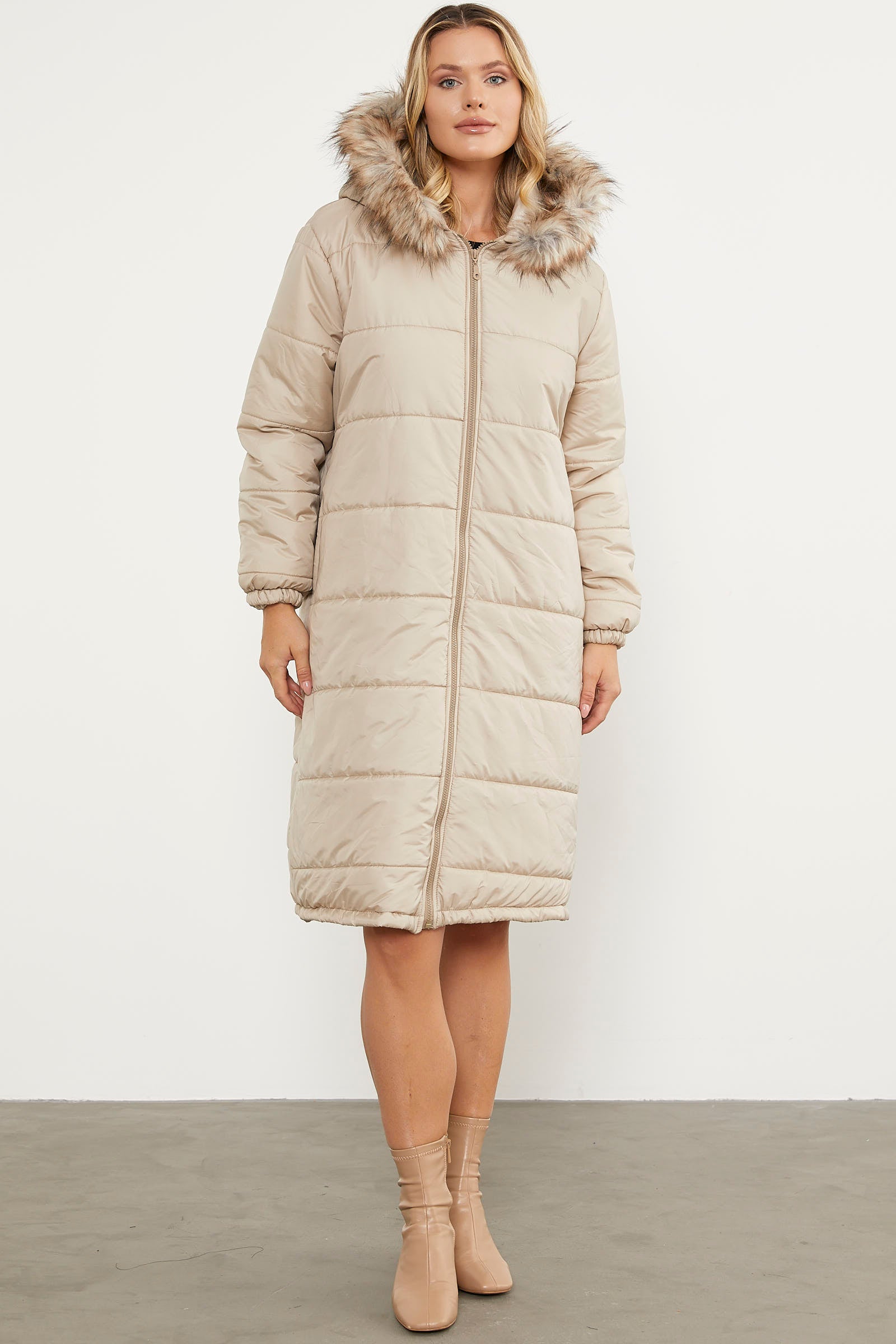 Suni Kürk Kapüşonlu Uzun Kaban - Taş (2) Sementa