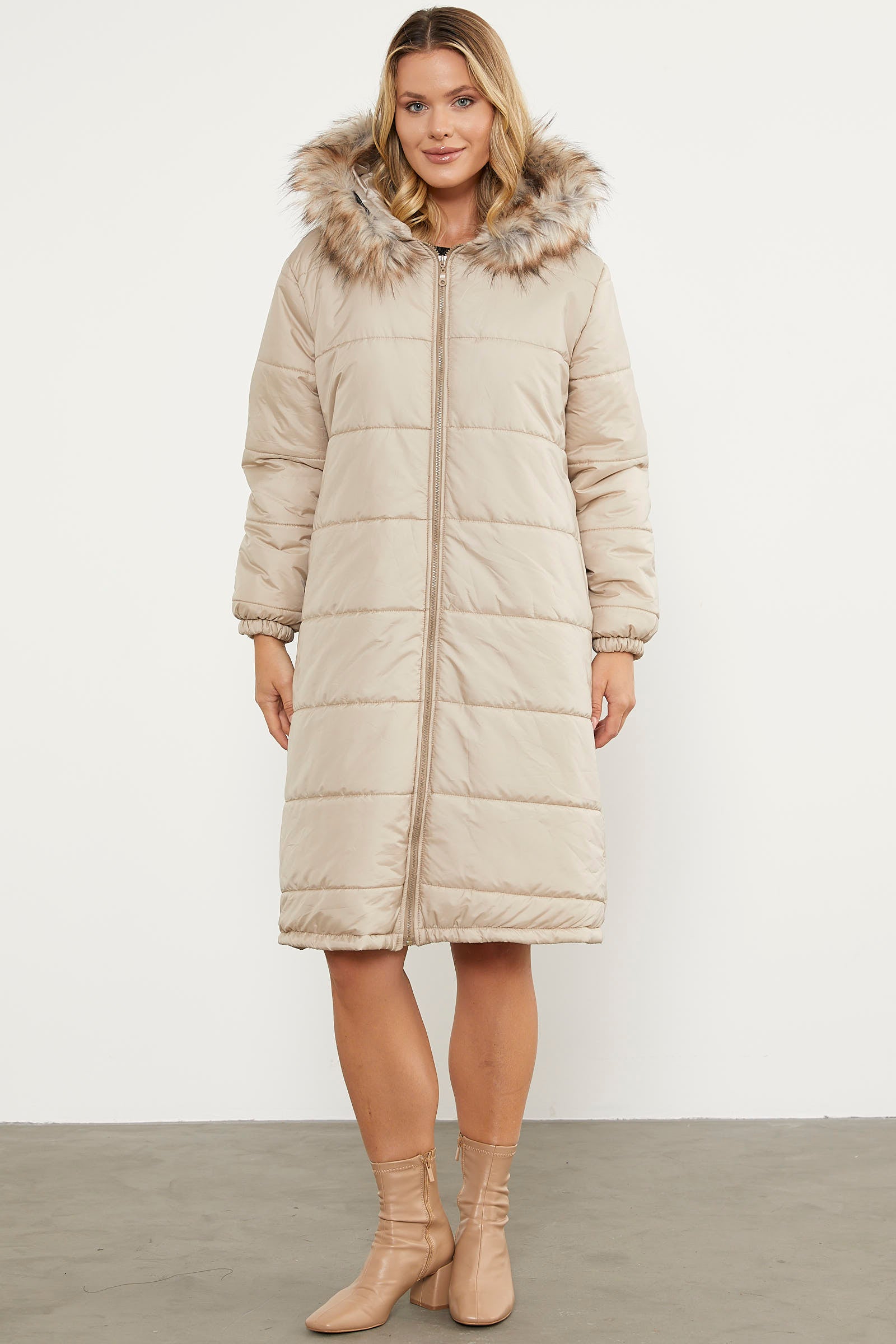 Suni Kürk Kapüşonlu Uzun Kaban - Taş (4) Sementa