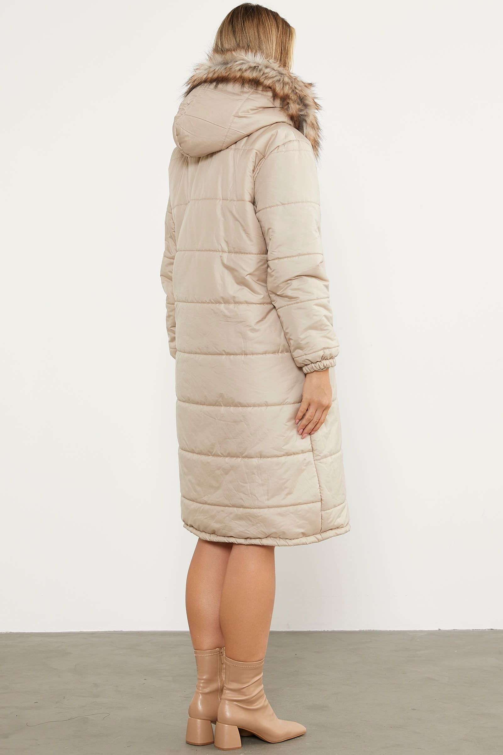 Suni Kürk Kapüşonlu Uzun Kaban - Taş (6) Sementa