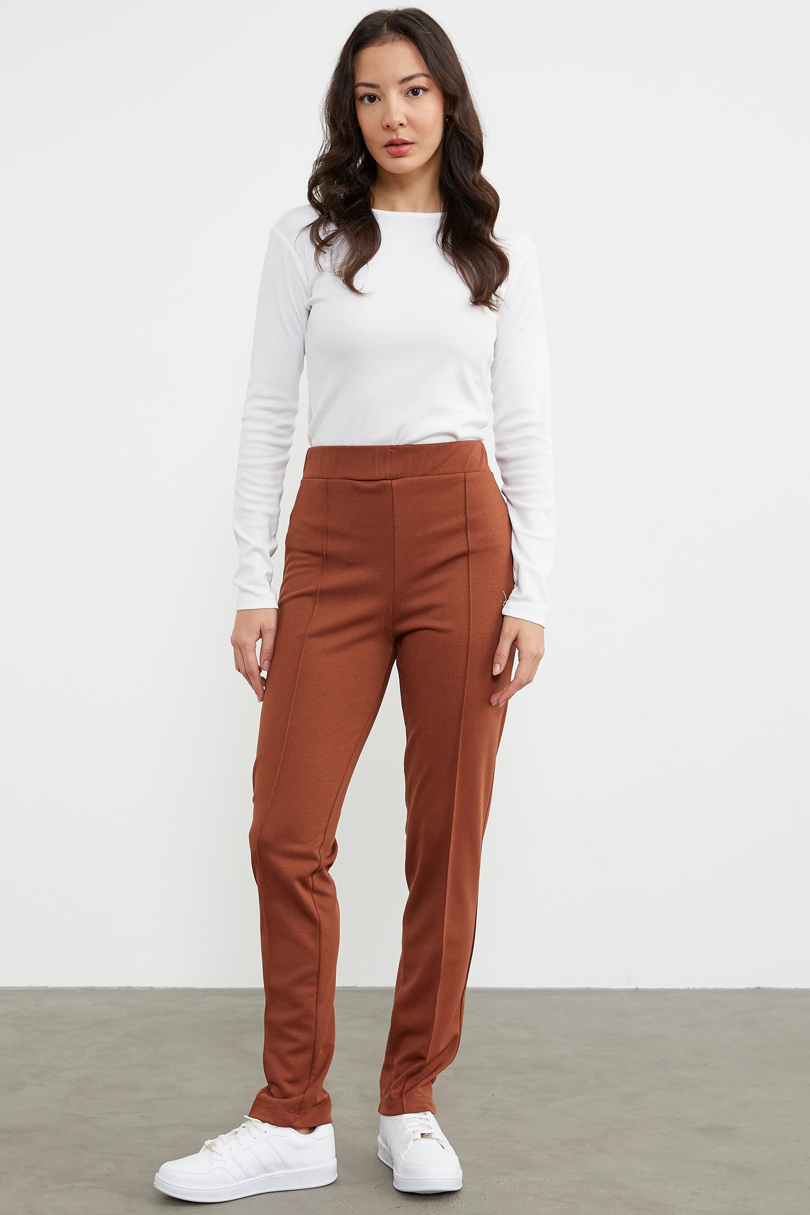 Yüksek Bel Önü Dikişli Tayt - Kahve (2) Sementa