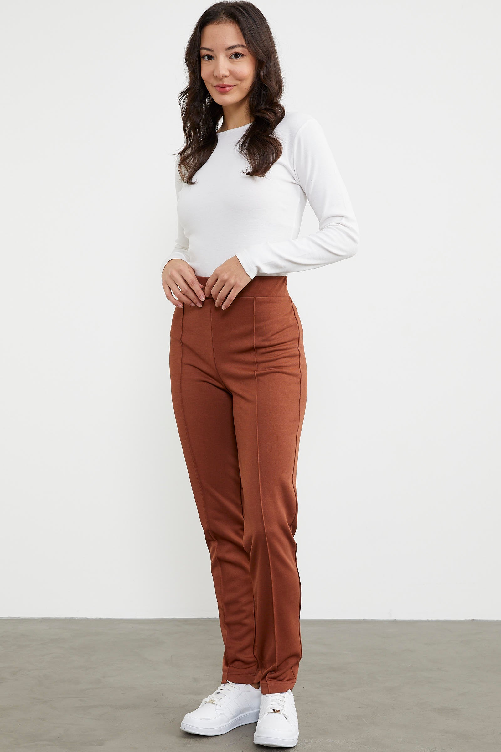 Yüksek Bel Önü Dikişli Tayt - Kahve (3) Sementa