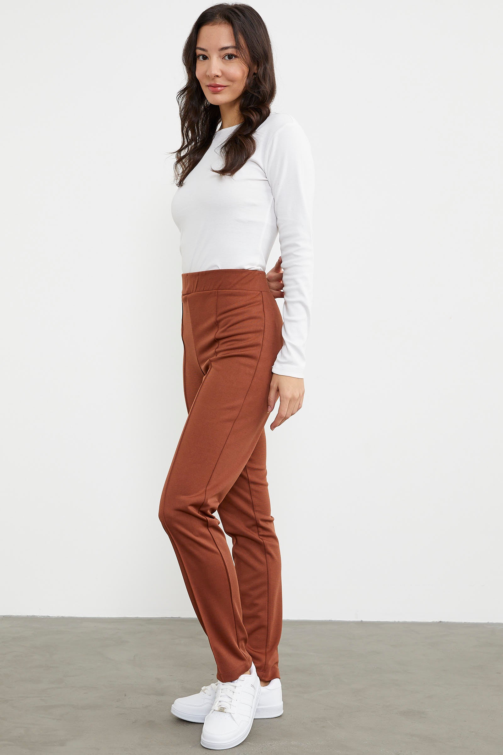 Yüksek Bel Önü Dikişli Tayt - Kahve (6) Sementa