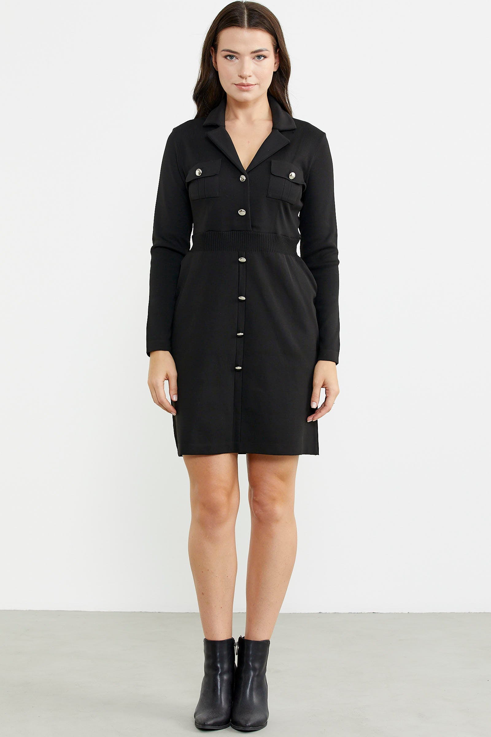 Süs Düğme Detaylı Triko Elbise - Siyah - Sementa