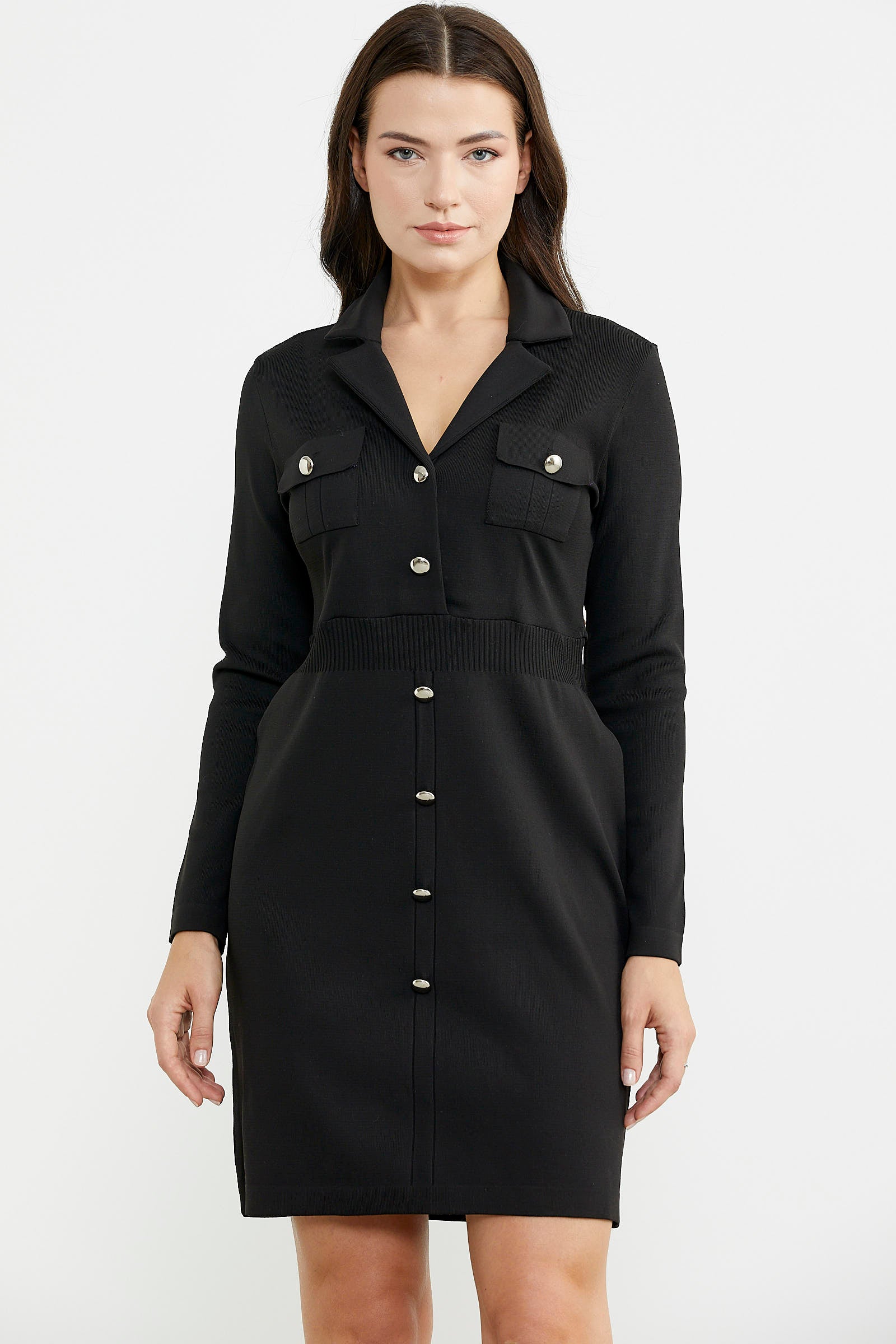 Süs Düğme Detaylı Triko Elbise - Siyah - Sementa