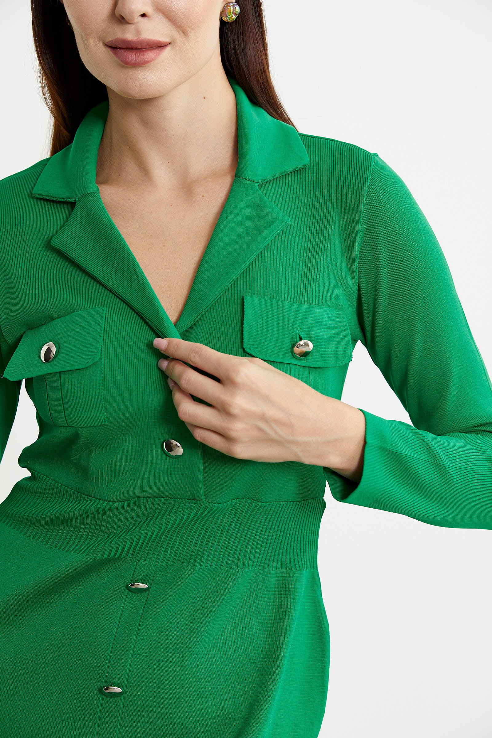 Süs Düğme Detaylı Triko Elbise - Yeşil - Sementa