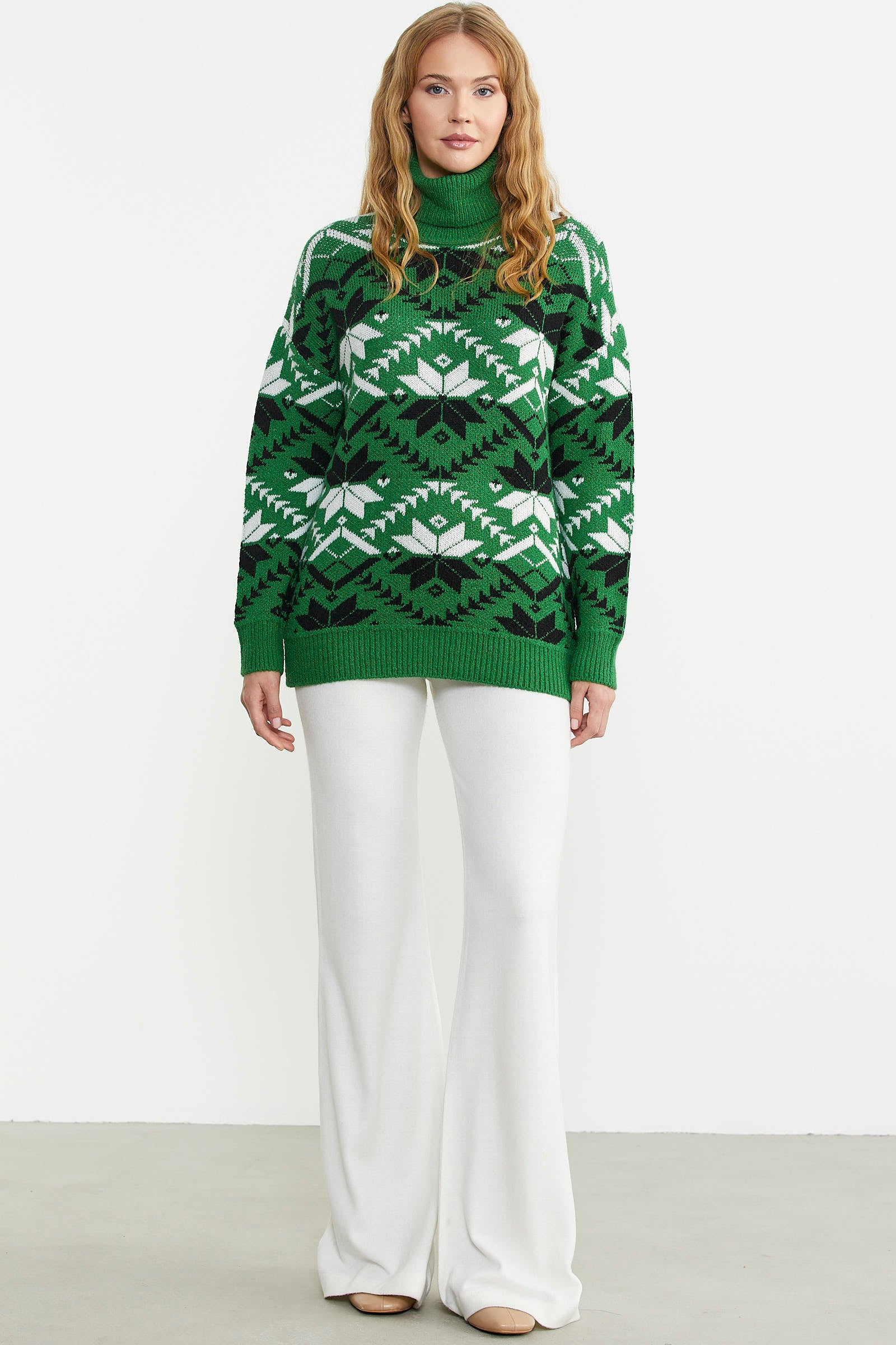 Tam Balıkçı Desenli Triko Kazak - Yeşil - Sementa