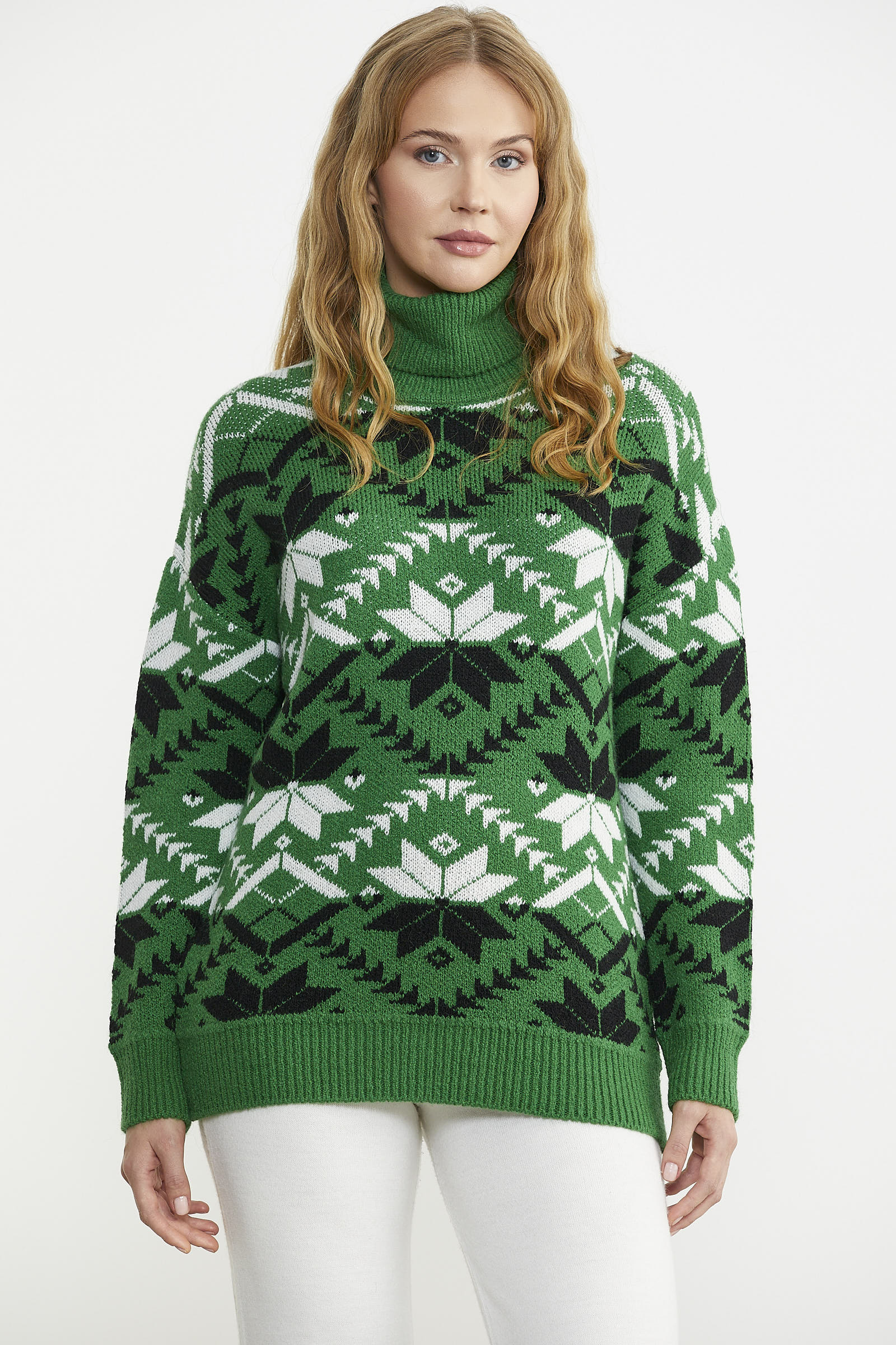 Tam Balıkçı Desenli Triko Kazak - Yeşil - Sementa