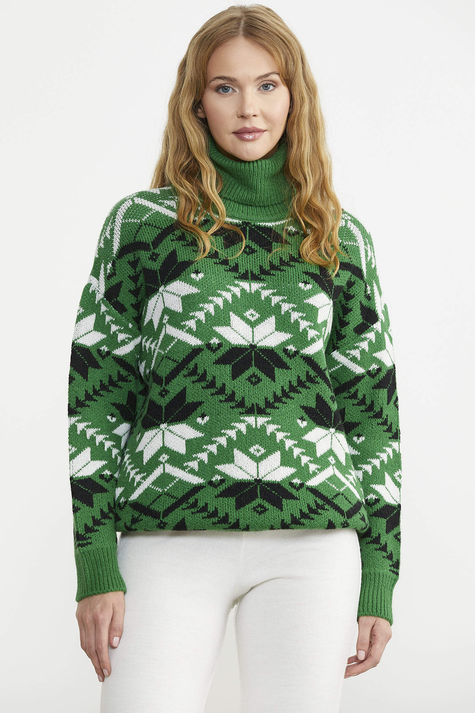 Tam Balıkçı Desenli Triko Kazak - Yeşil - Sementa