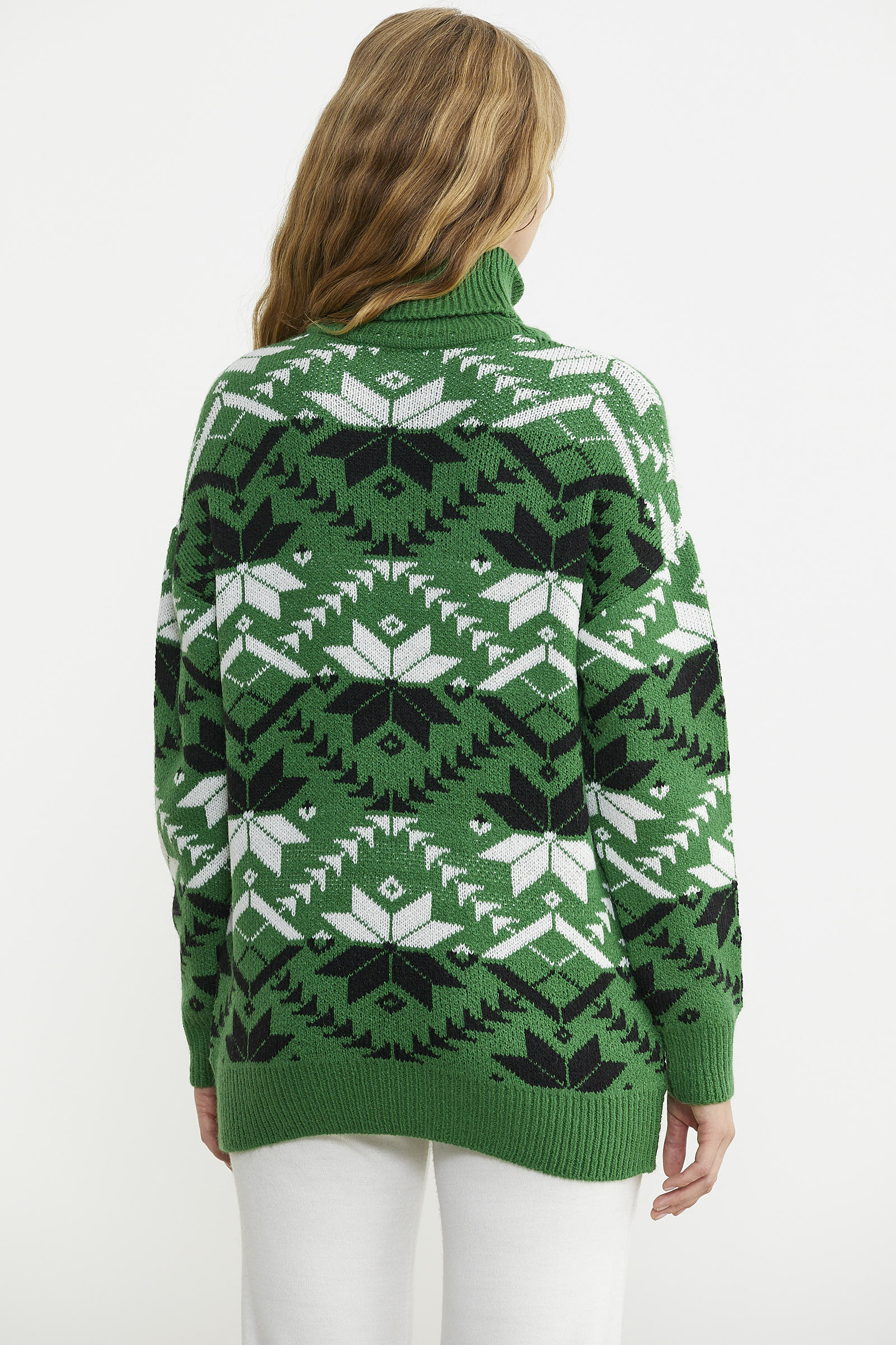 Tam Balıkçı Desenli Triko Kazak - Yeşil - Sementa