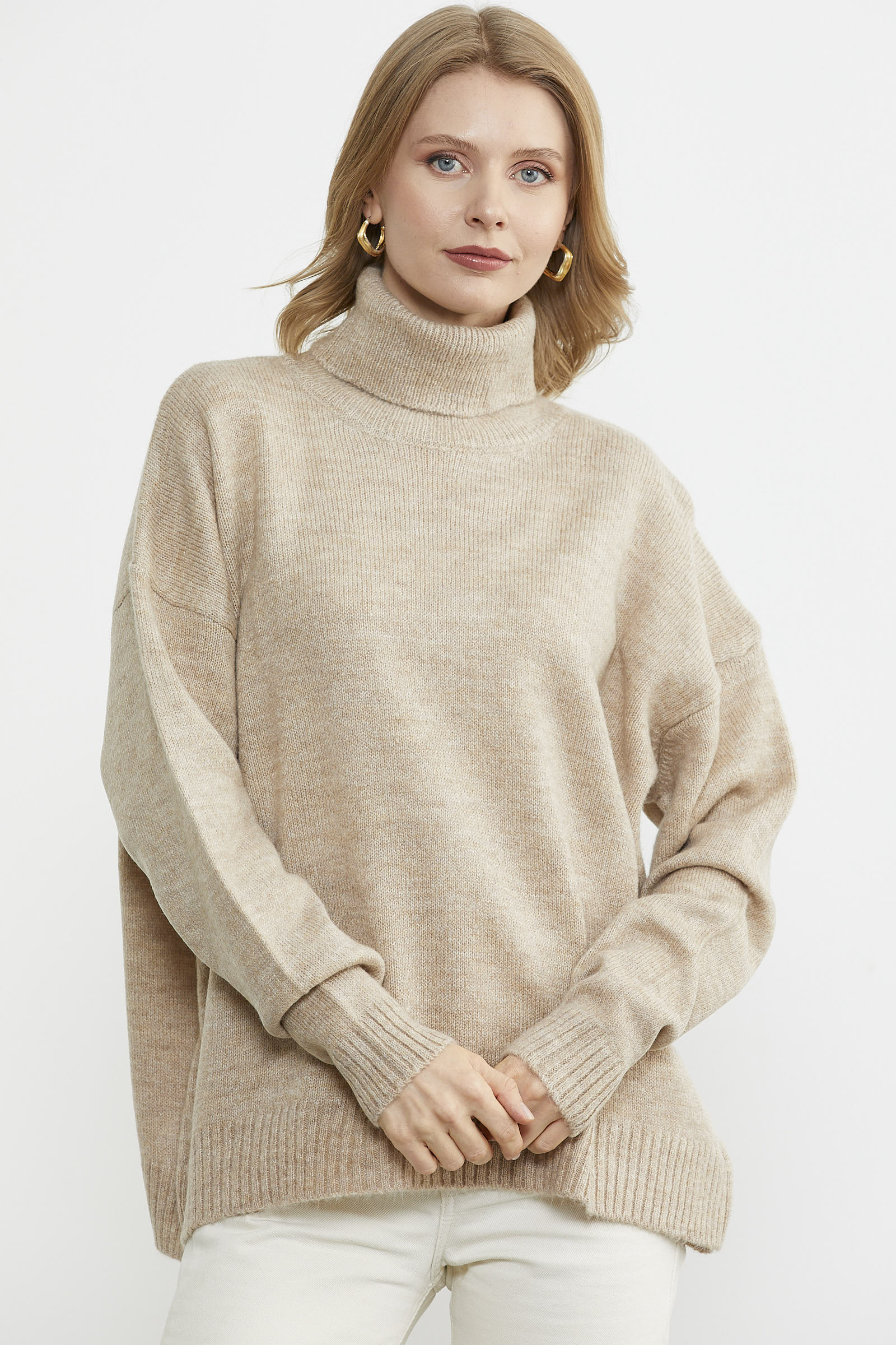 Tam Balıkçı Dökümlü Triko Kazak - Bej (2) Sementa