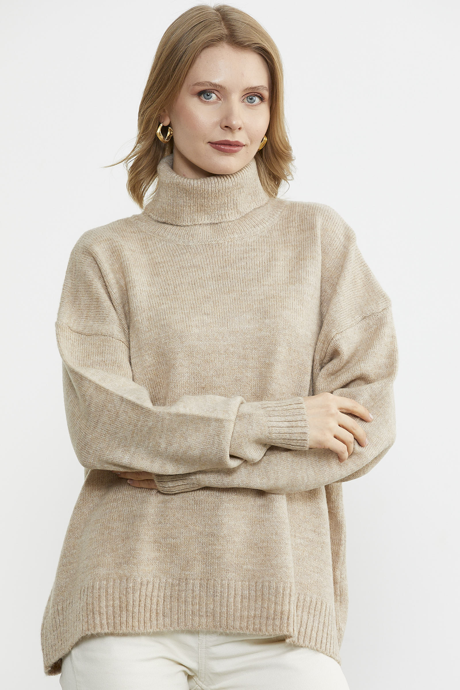 Tam Balıkçı Dökümlü Triko Kazak - Bej (3) Sementa