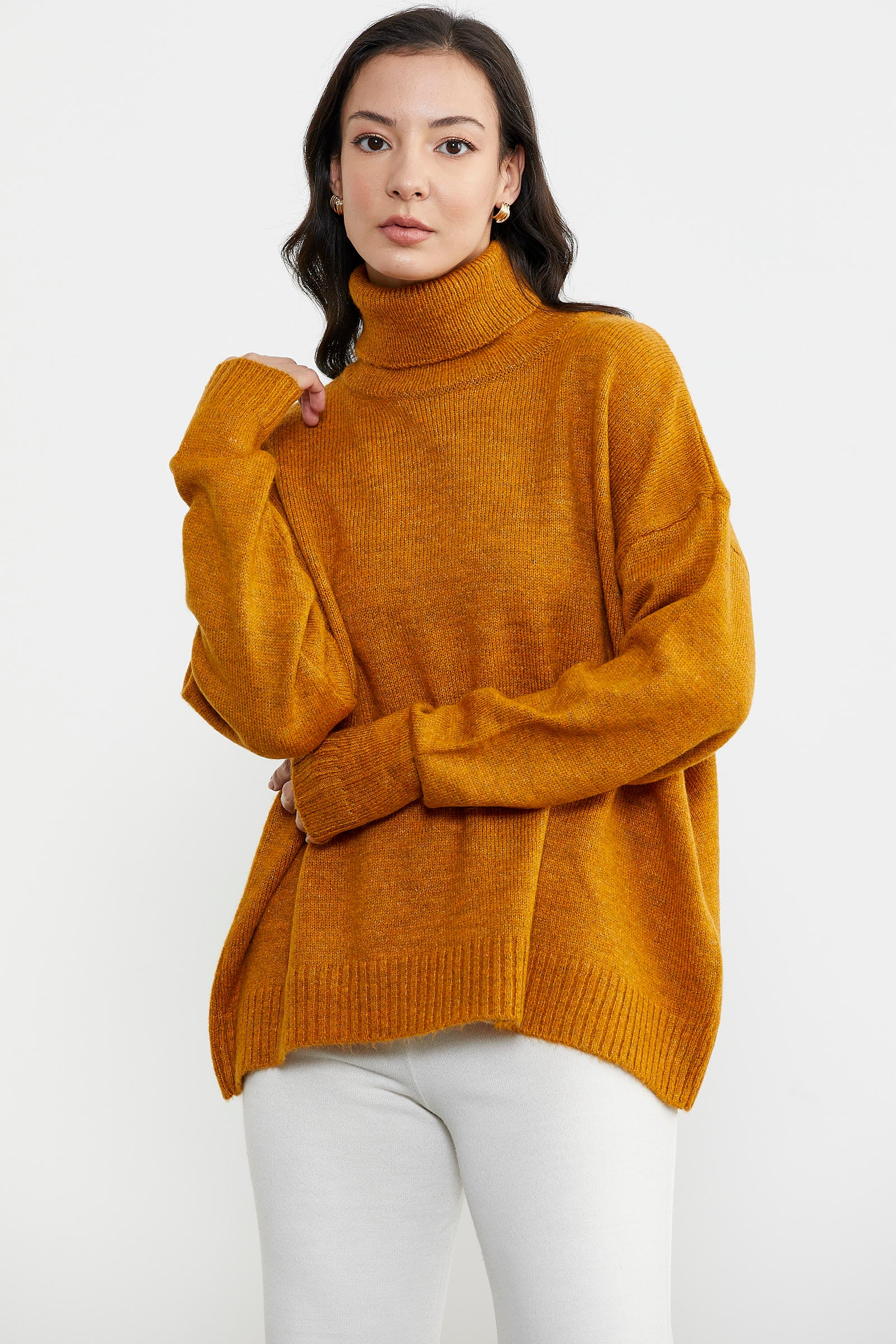 Tam Balıkçı Dökümlü Triko Kazak - Hardal (3) Sementa