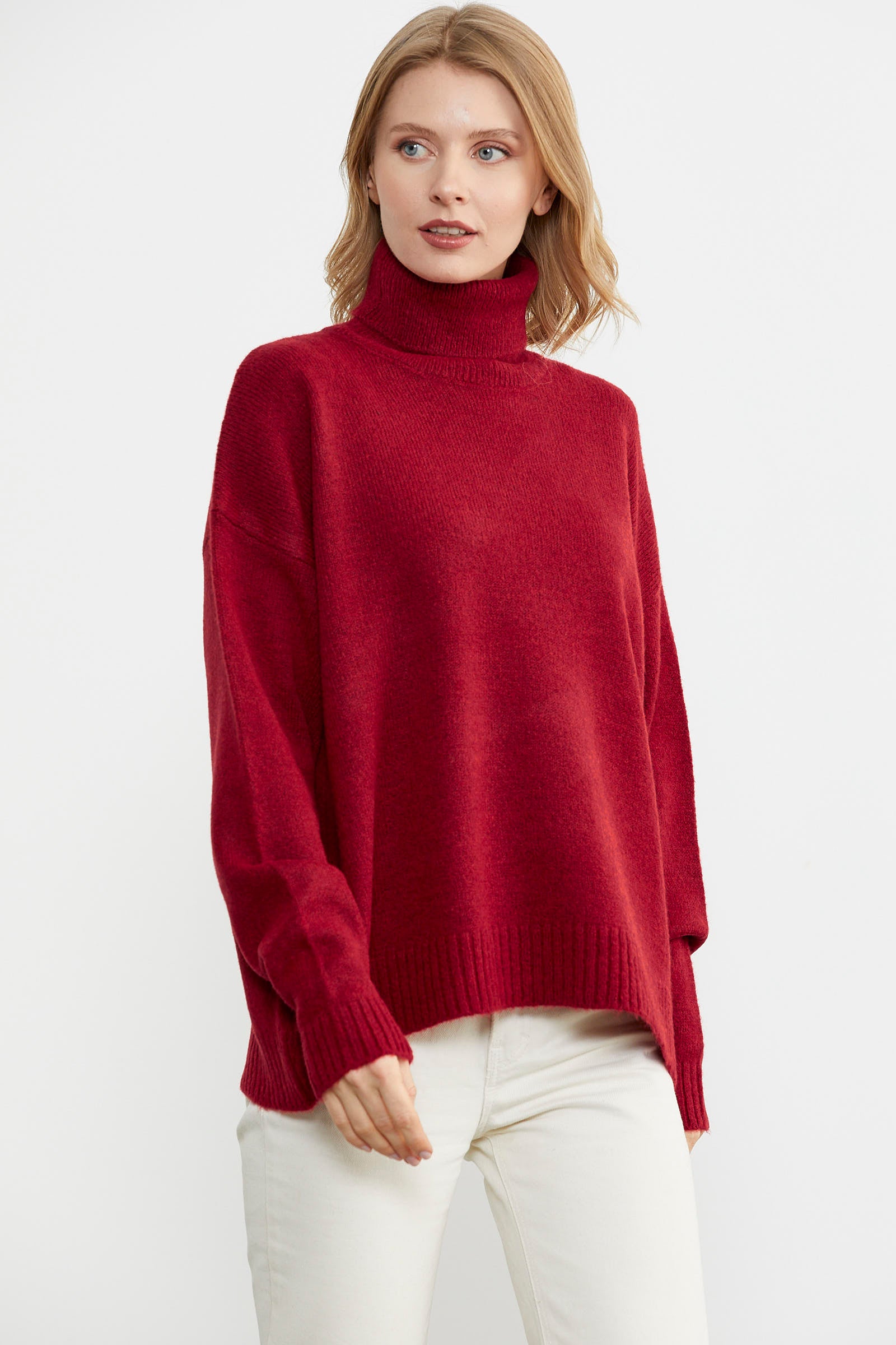 Tam Balıkçı Dökümlü Triko Kazak - Kırmızı (2) Sementa