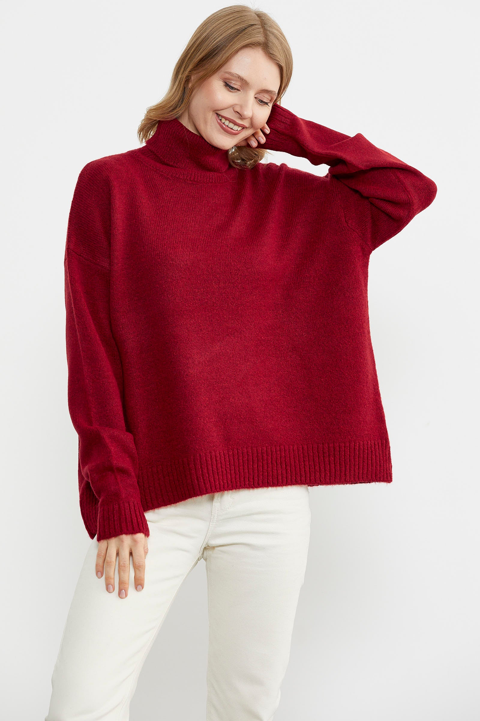 Tam Balıkçı Dökümlü Triko Kazak - Kırmızı (3) Sementa