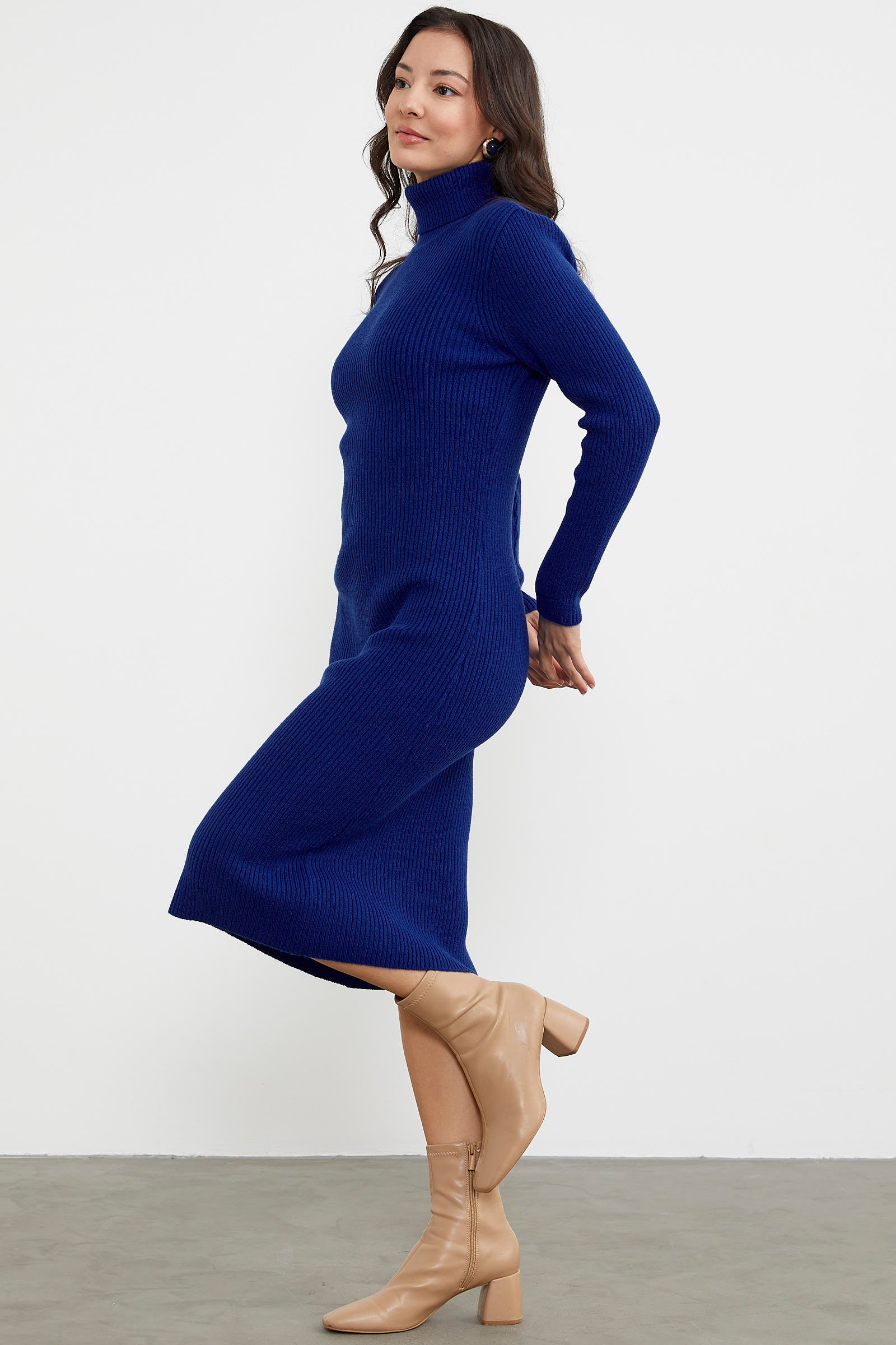 Tam Balıkçı Fitilli Midi Boy Triko Elbise - Saks (6) Sementa