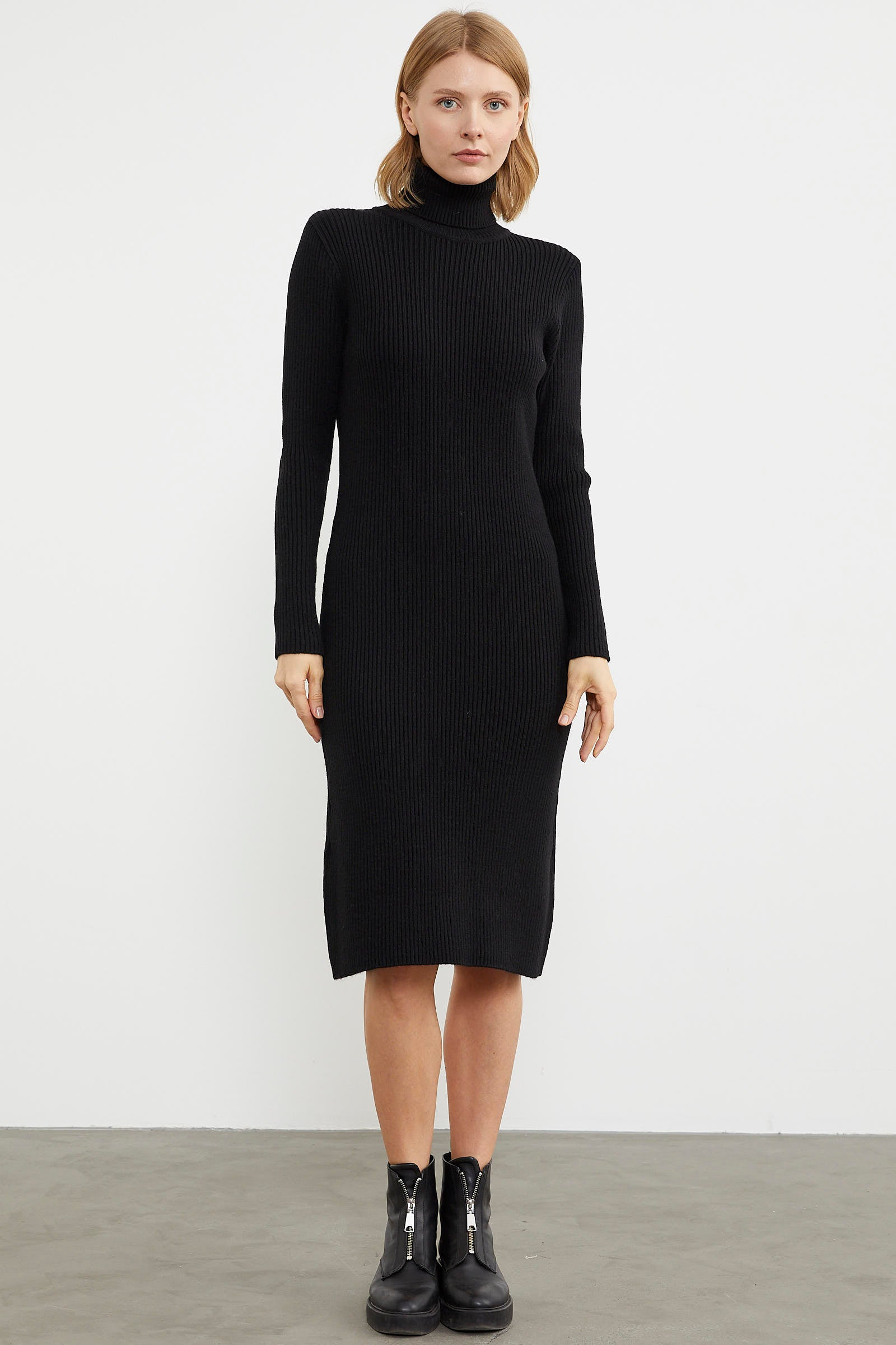 Tam Balıkçı Fitilli Midi Boy Triko Elbise - Siyah (1) Sementa