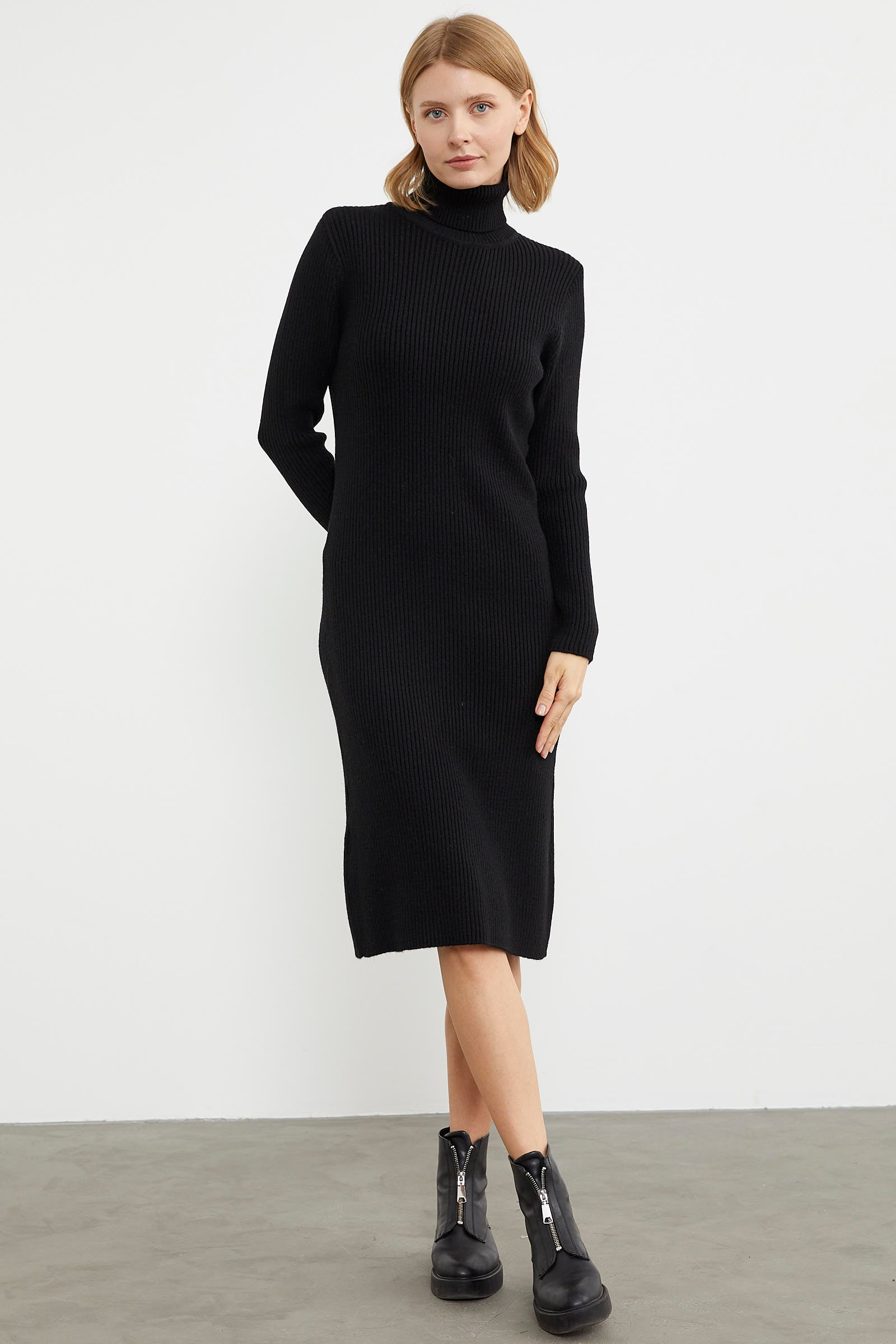 Tam Balıkçı Fitilli Midi Boy Triko Elbise - Siyah (2) Sementa