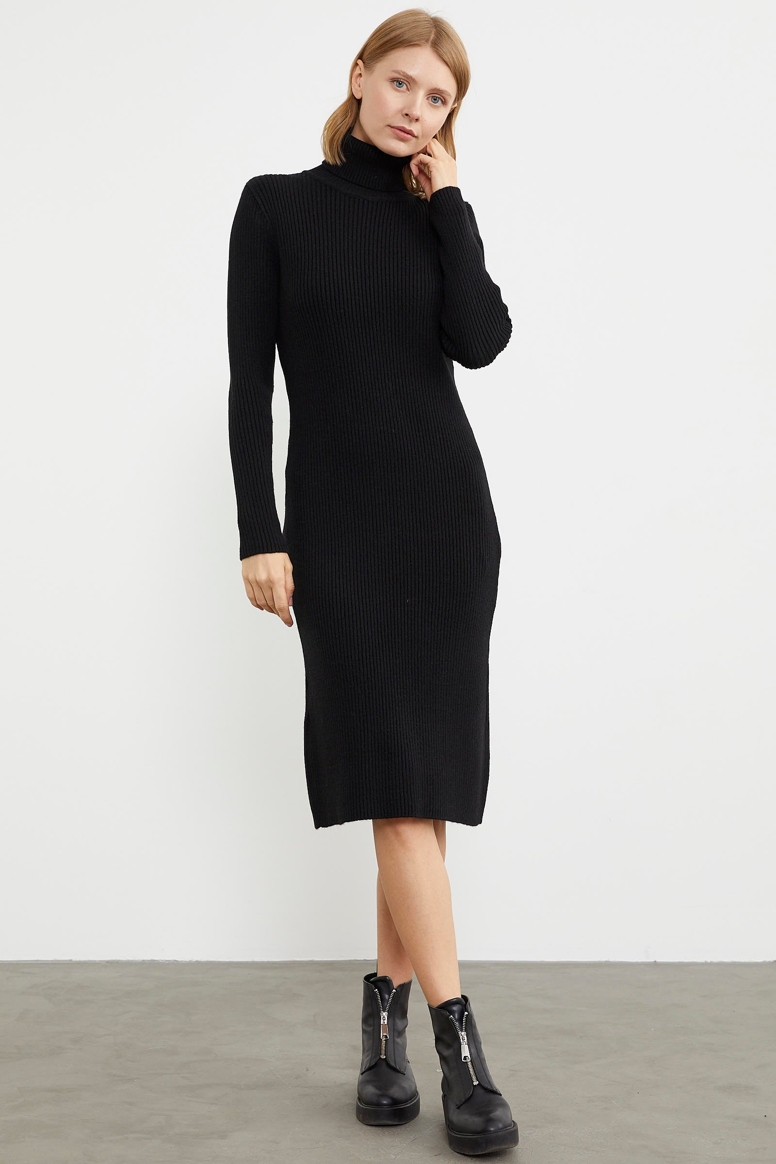 Tam Balıkçı Fitilli Midi Boy Triko Elbise - Siyah (3) Sementa