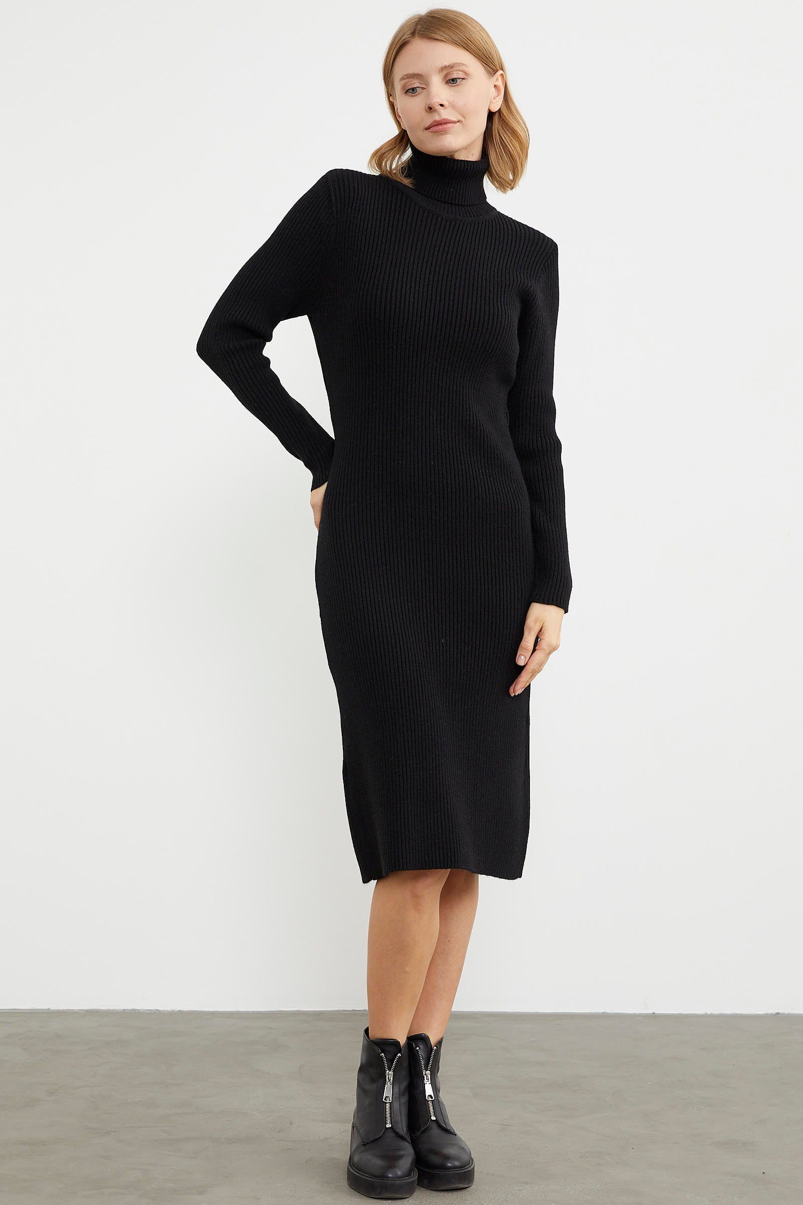 Tam Balıkçı Fitilli Midi Boy Triko Elbise - Siyah (4) Sementa