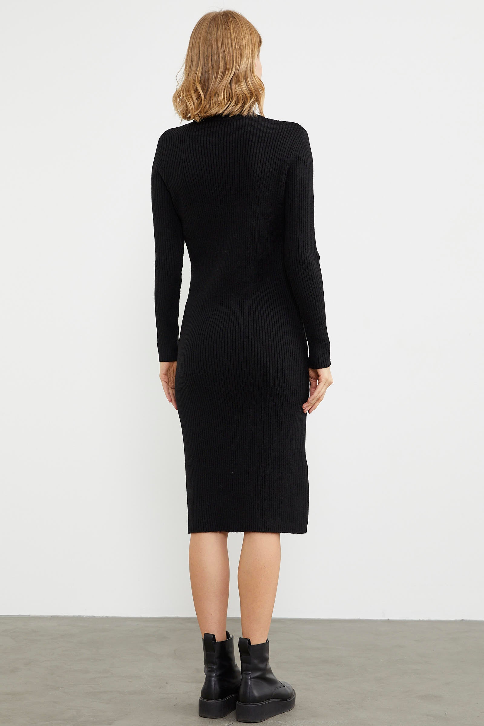 Tam Balıkçı Fitilli Midi Boy Triko Elbise - Siyah (7) Sementa