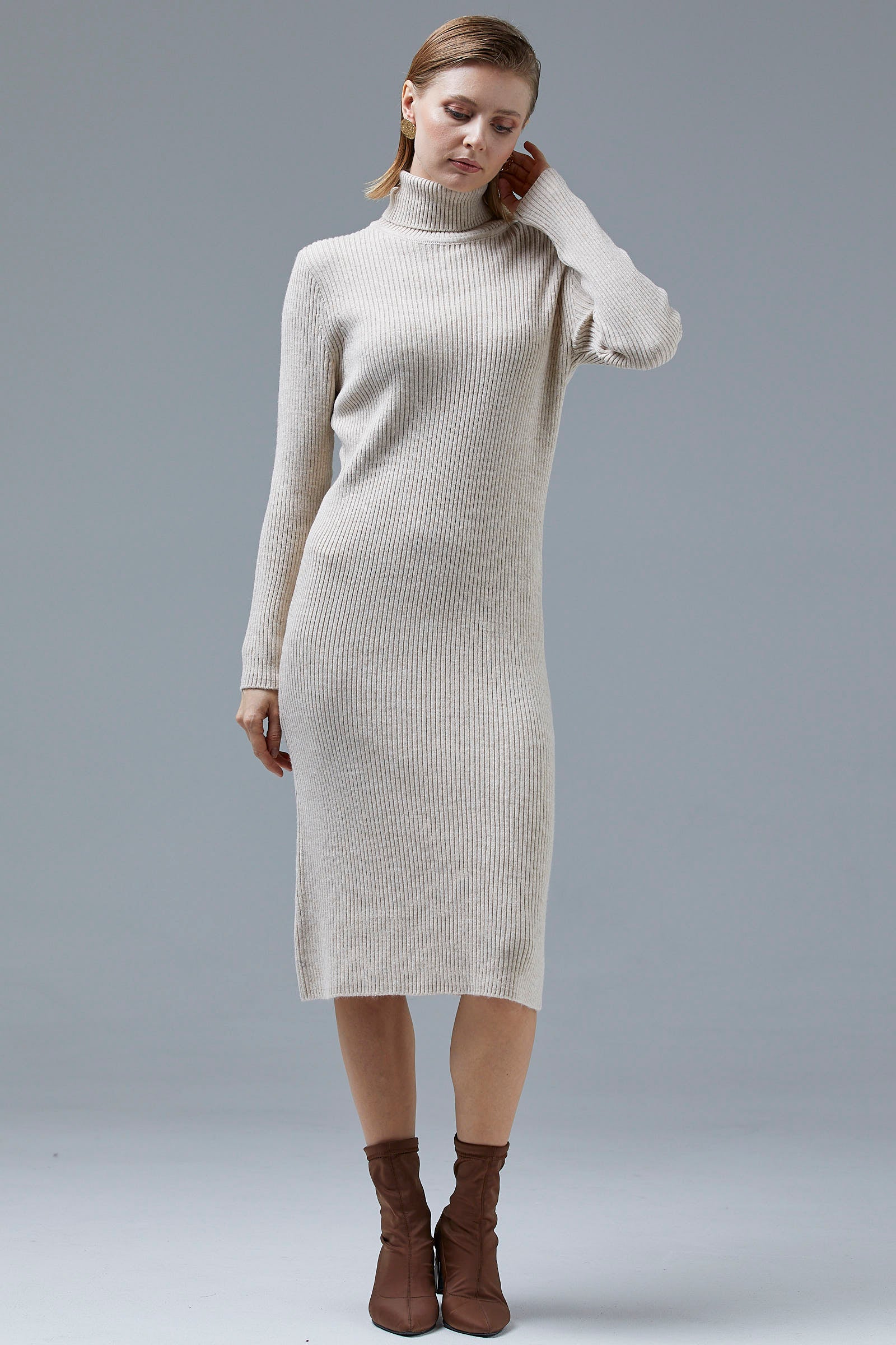 Tam Balıkçı Fitilli Midi Boy Triko Elbise - Taş (2) Sementa