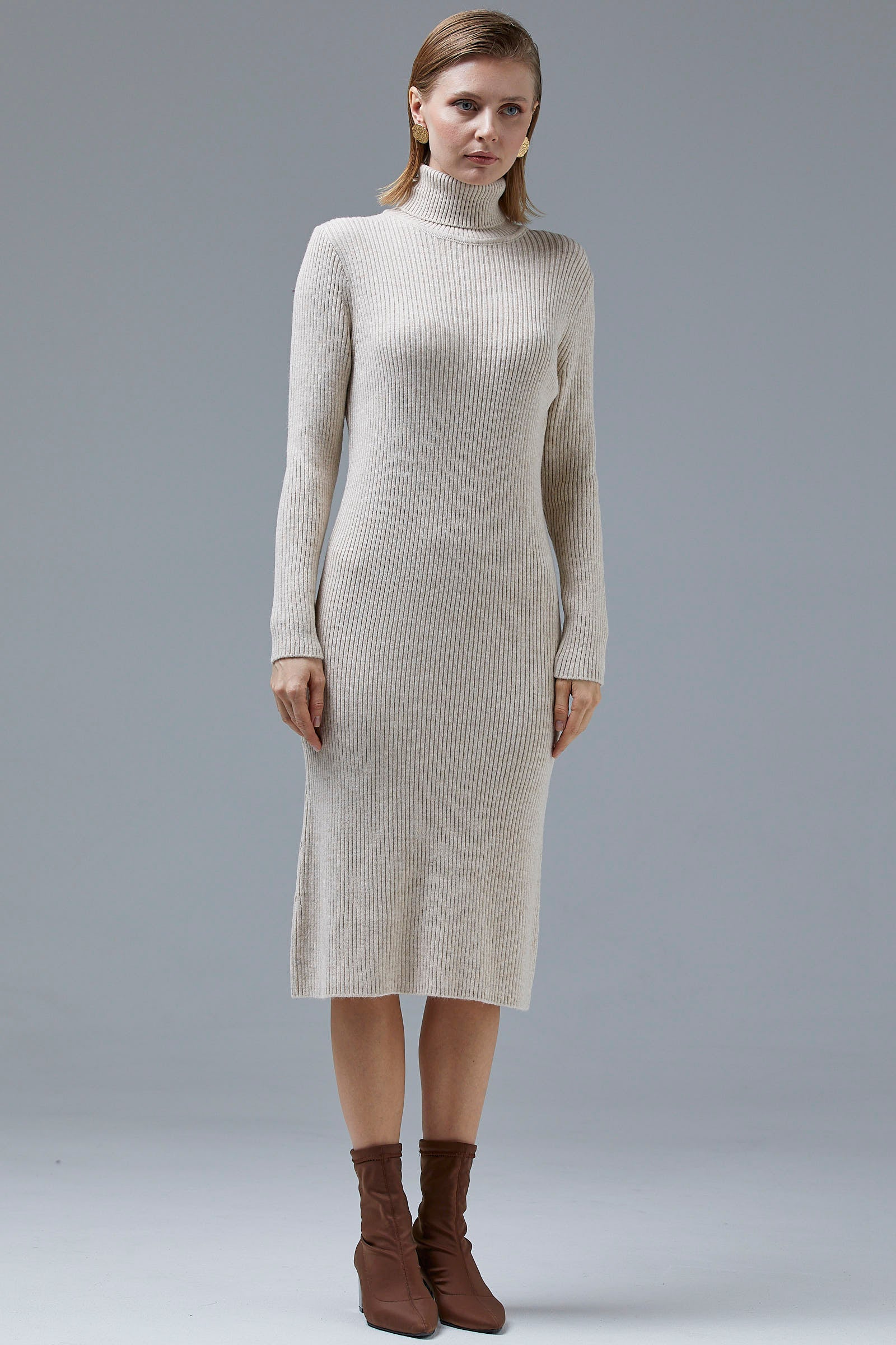 Tam Balıkçı Fitilli Midi Boy Triko Elbise - Taş (4) Sementa