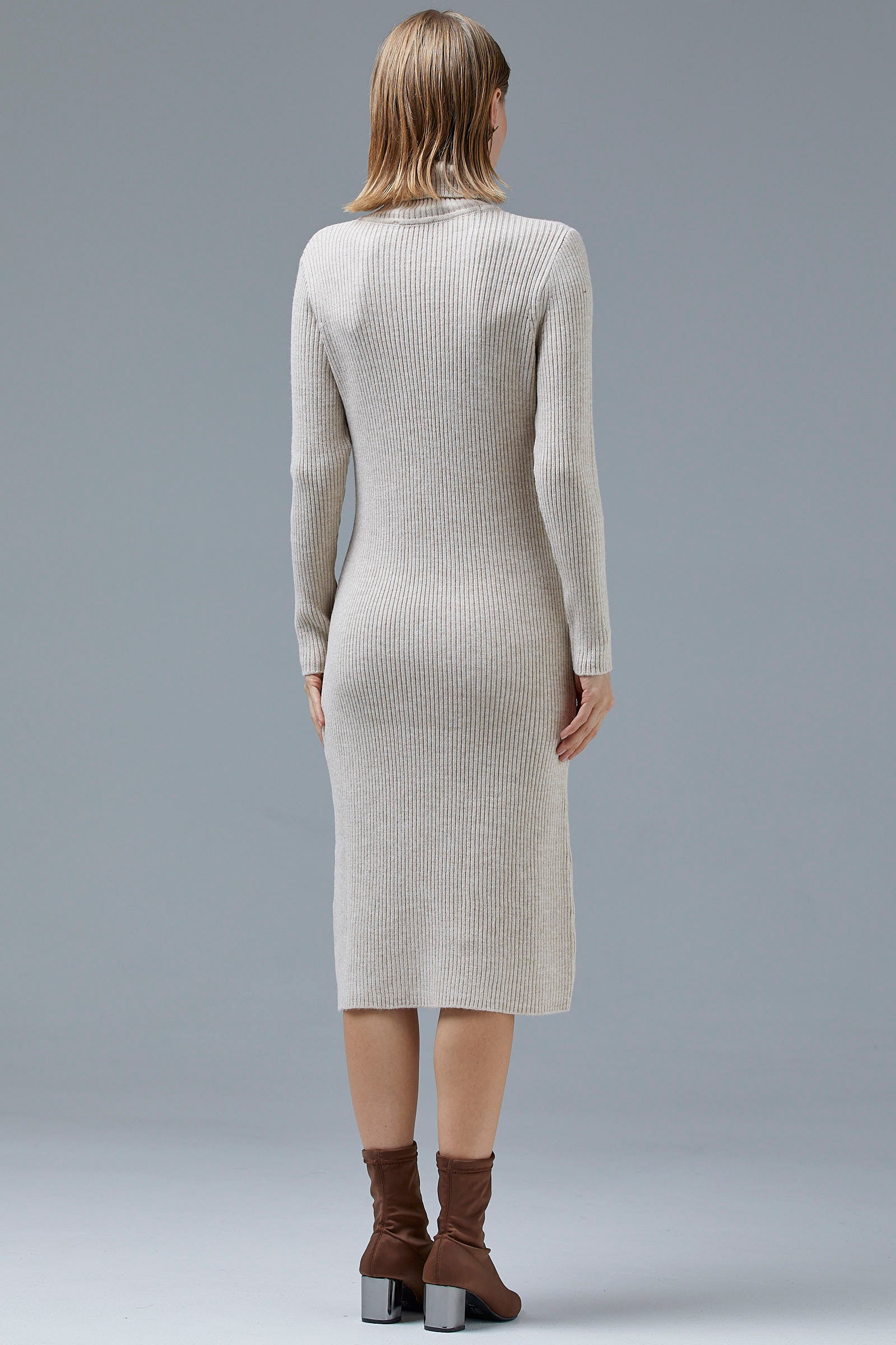 Tam Balıkçı Fitilli Midi Boy Triko Elbise - Taş (5) Sementa