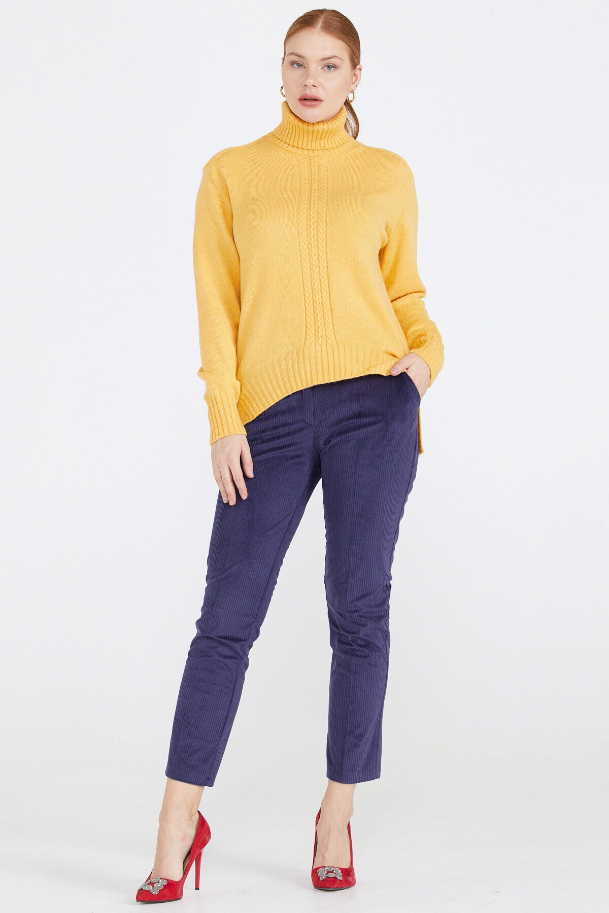 Tam Balıkçı Kadın Triko Kazak - Hardal (2) Sementa