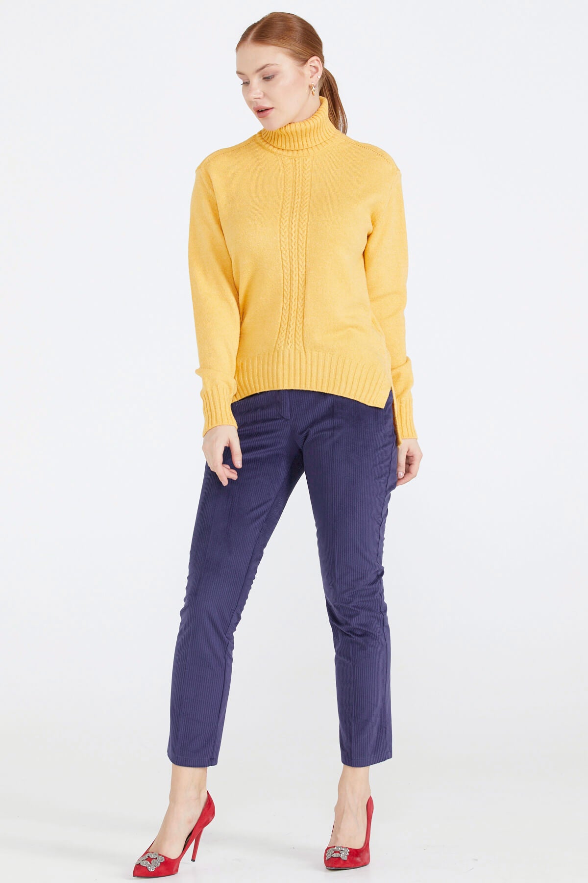 Tam Balıkçı Kadın Triko Kazak - Hardal (3) Sementa