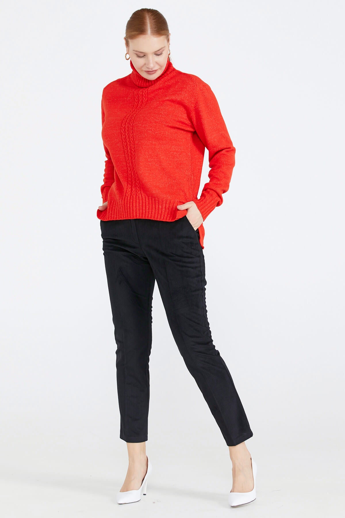 Tam Balıkçı Kadın Triko Kazak - Kırmızı (3) Sementa