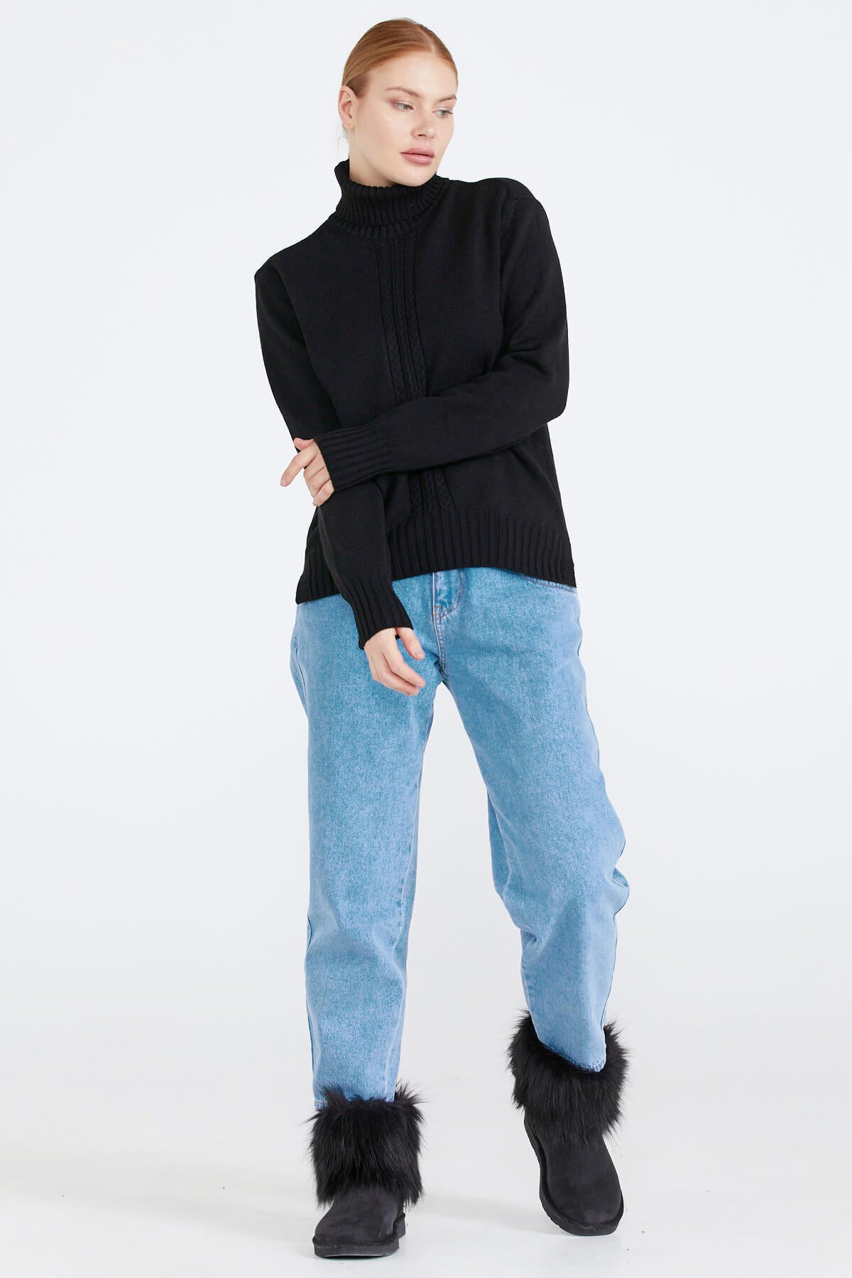 Tam Balıkçı Kadın Triko Kazak - Siyah (2) Sementa