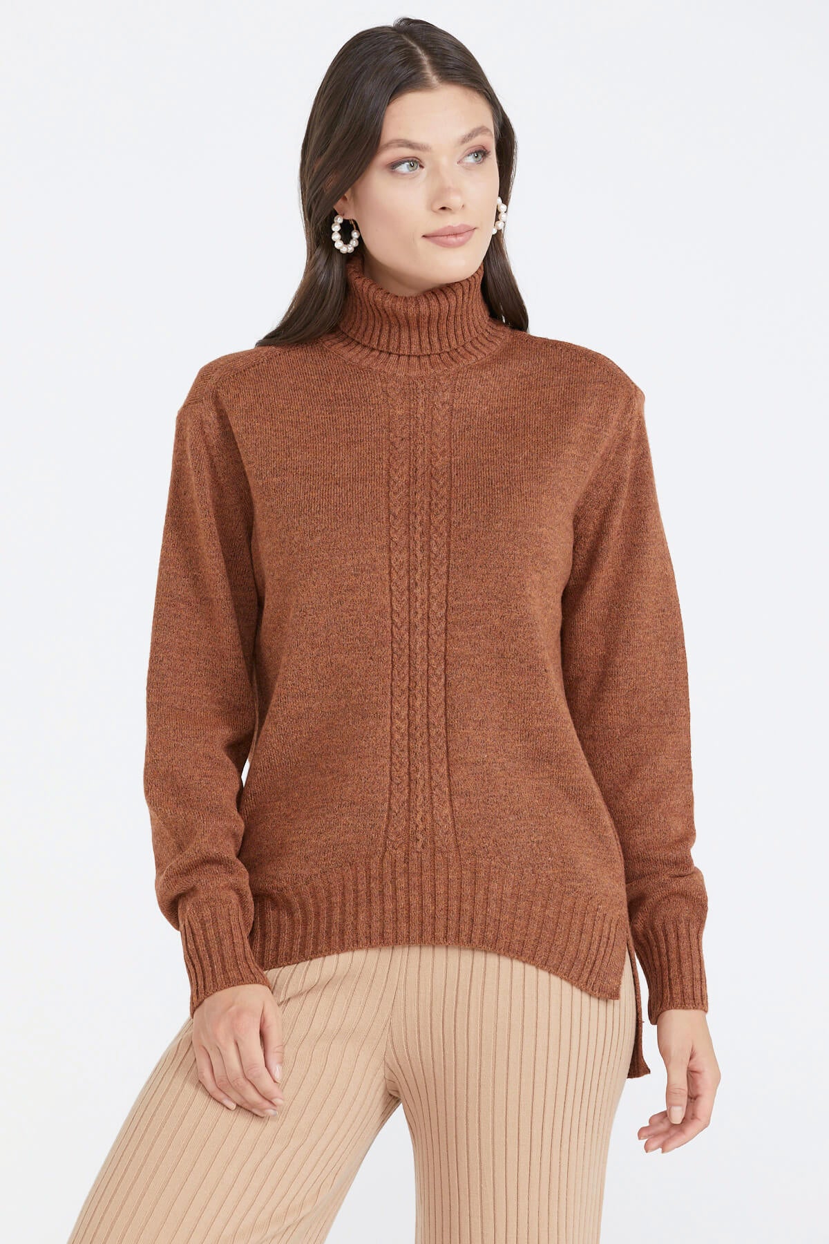 Tam Balıkçı Kadın Triko Kazak - Taba (2) Sementa