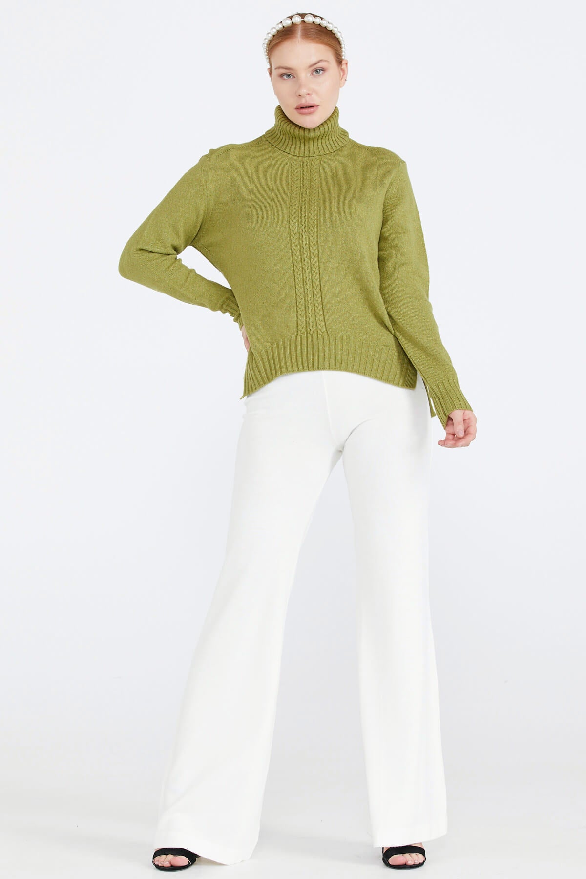 Tam Balıkçı Kadın Triko Kazak - Yeşil (2) Sementa