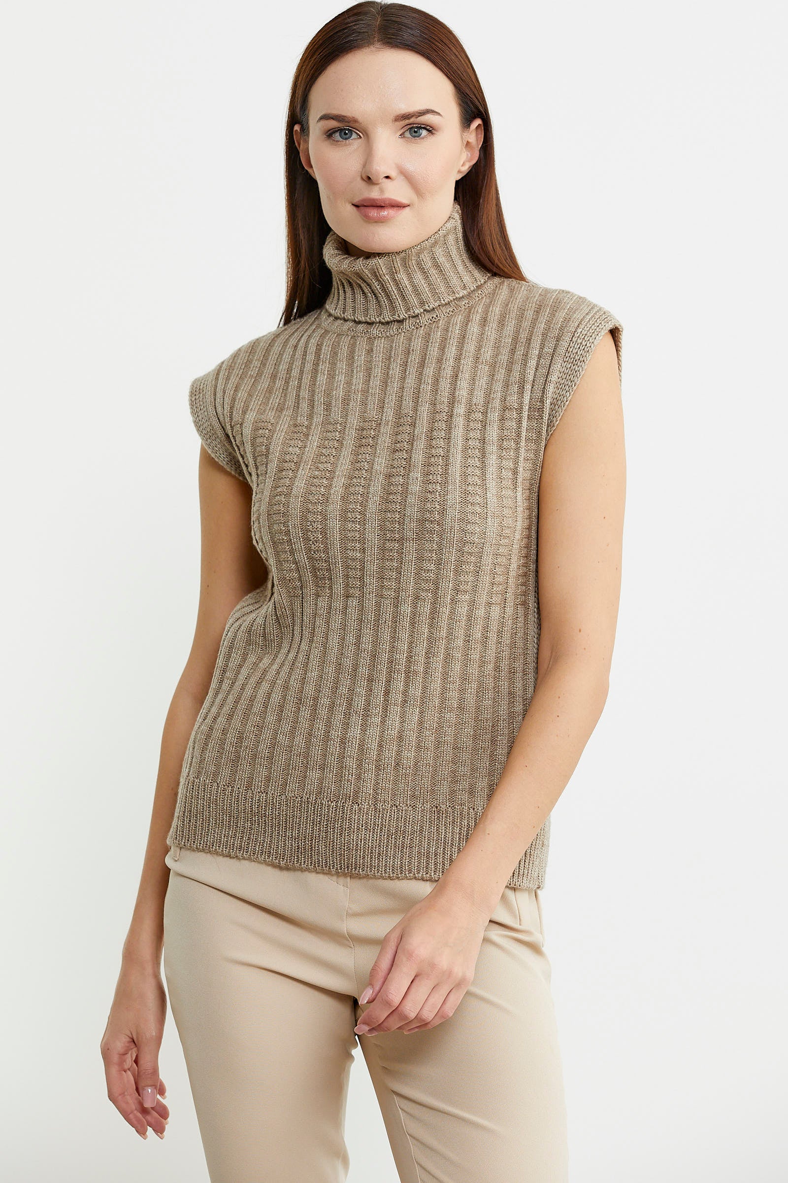 Yünlü Tam Balıkçı Kolsuz Triko Süveter - Koyu Bej - Sementa